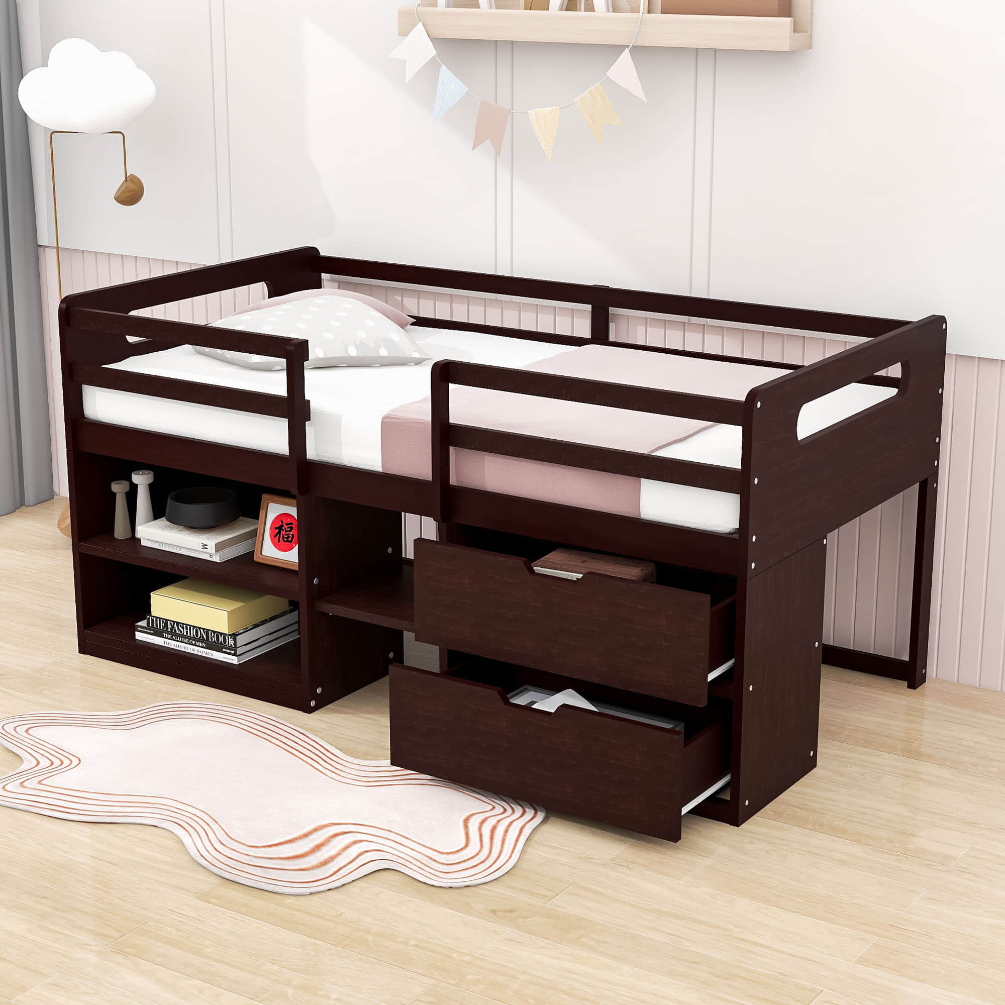 Modern Farmhouse Twin Low Montessori Loft Bed with Drawers and Shelves for Kids