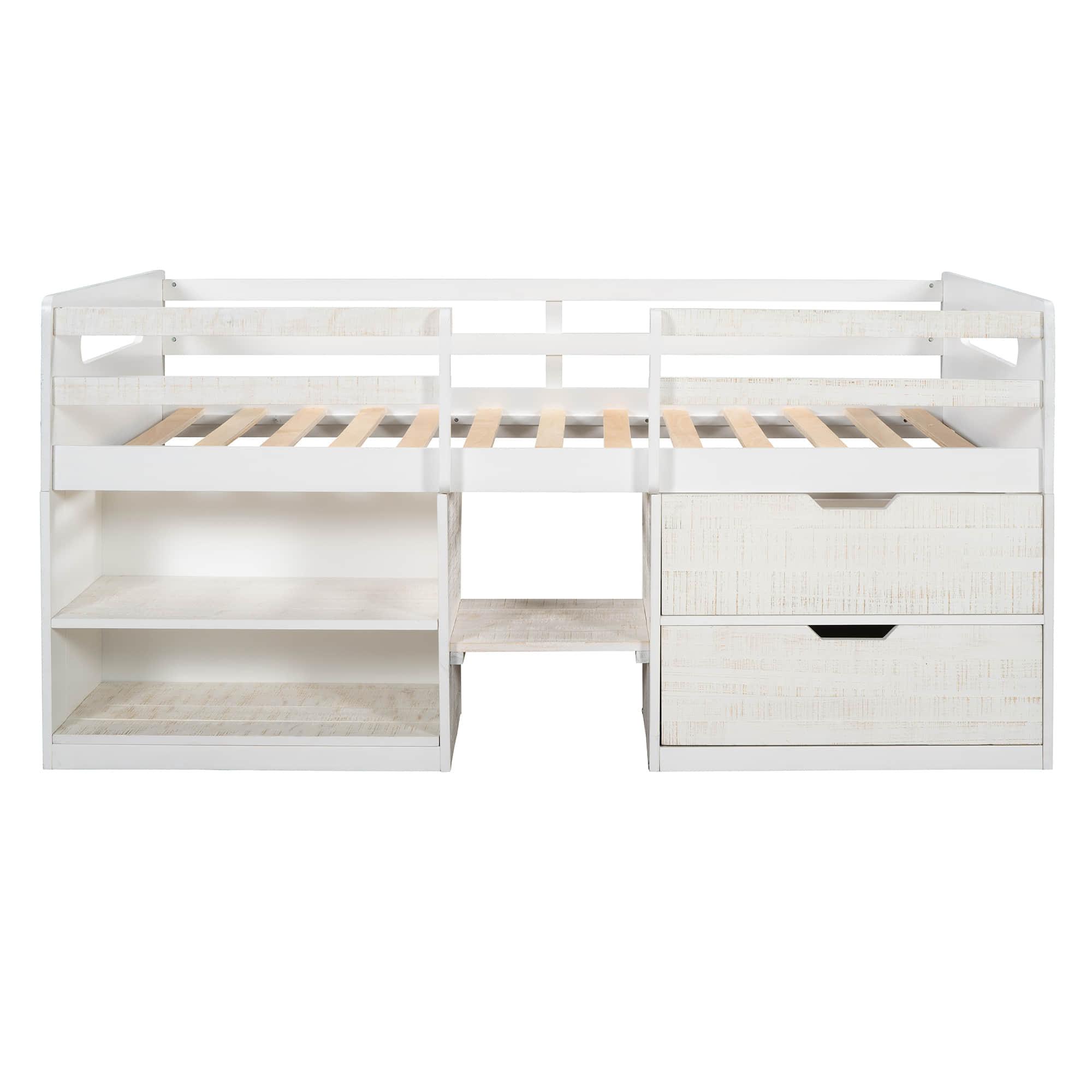 Modern Farmhouse Twin Low Montessori Loft Bed with Drawers and Shelves for Kids