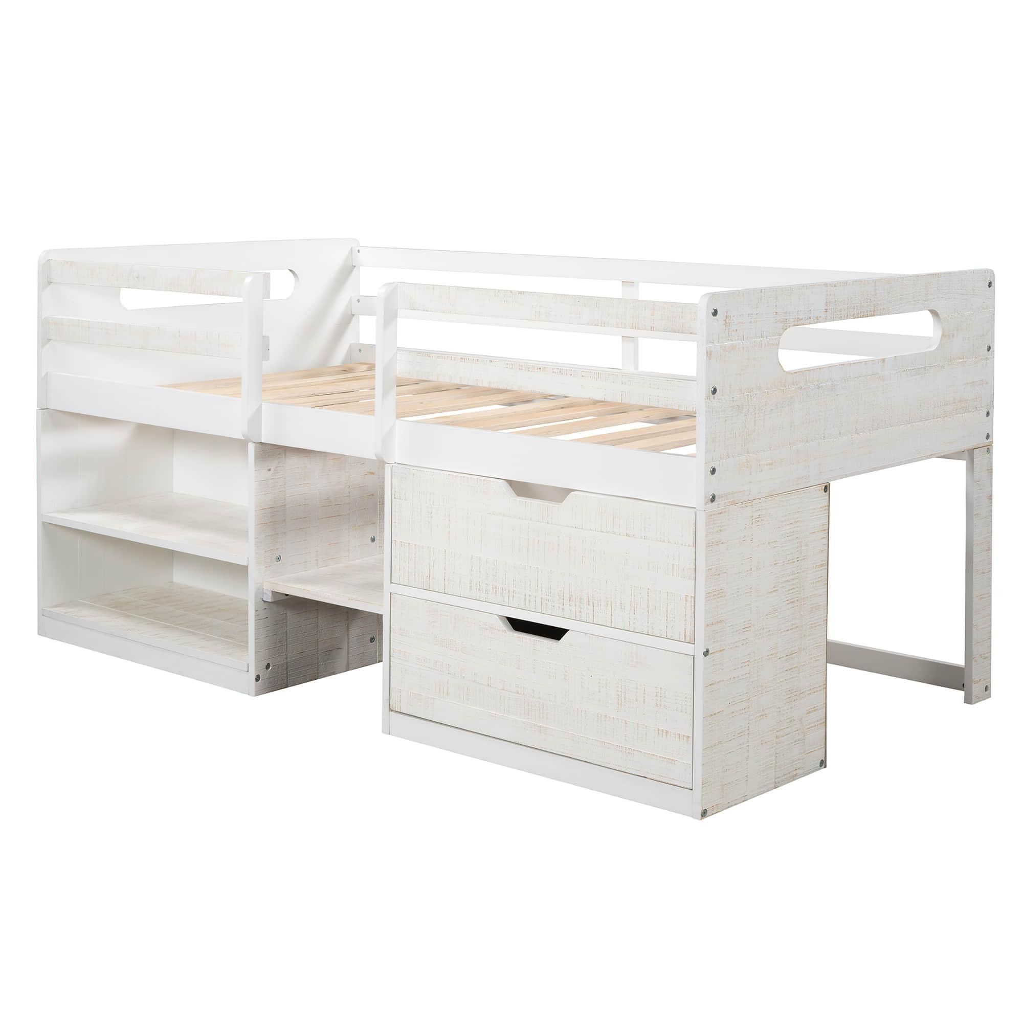 Modern Farmhouse Twin Low Montessori Loft Bed with Drawers and Shelves for Kids