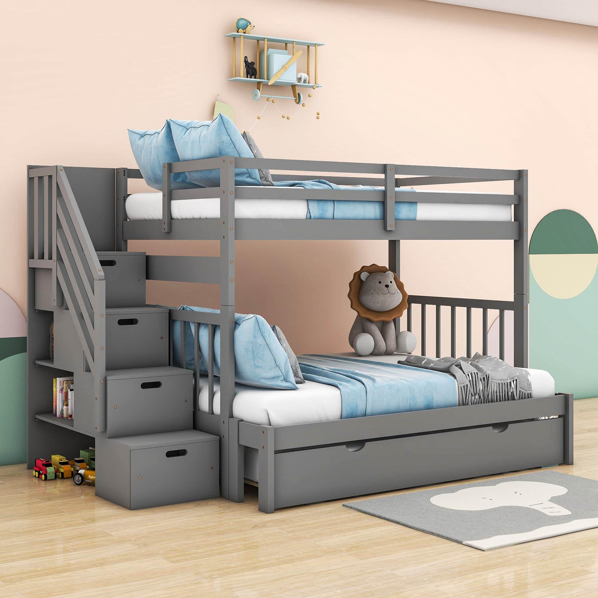 Wood Twin Over Twin / Full Bunk Bed with Trundle and Storage - [Shelves, Drawers, Stairs]