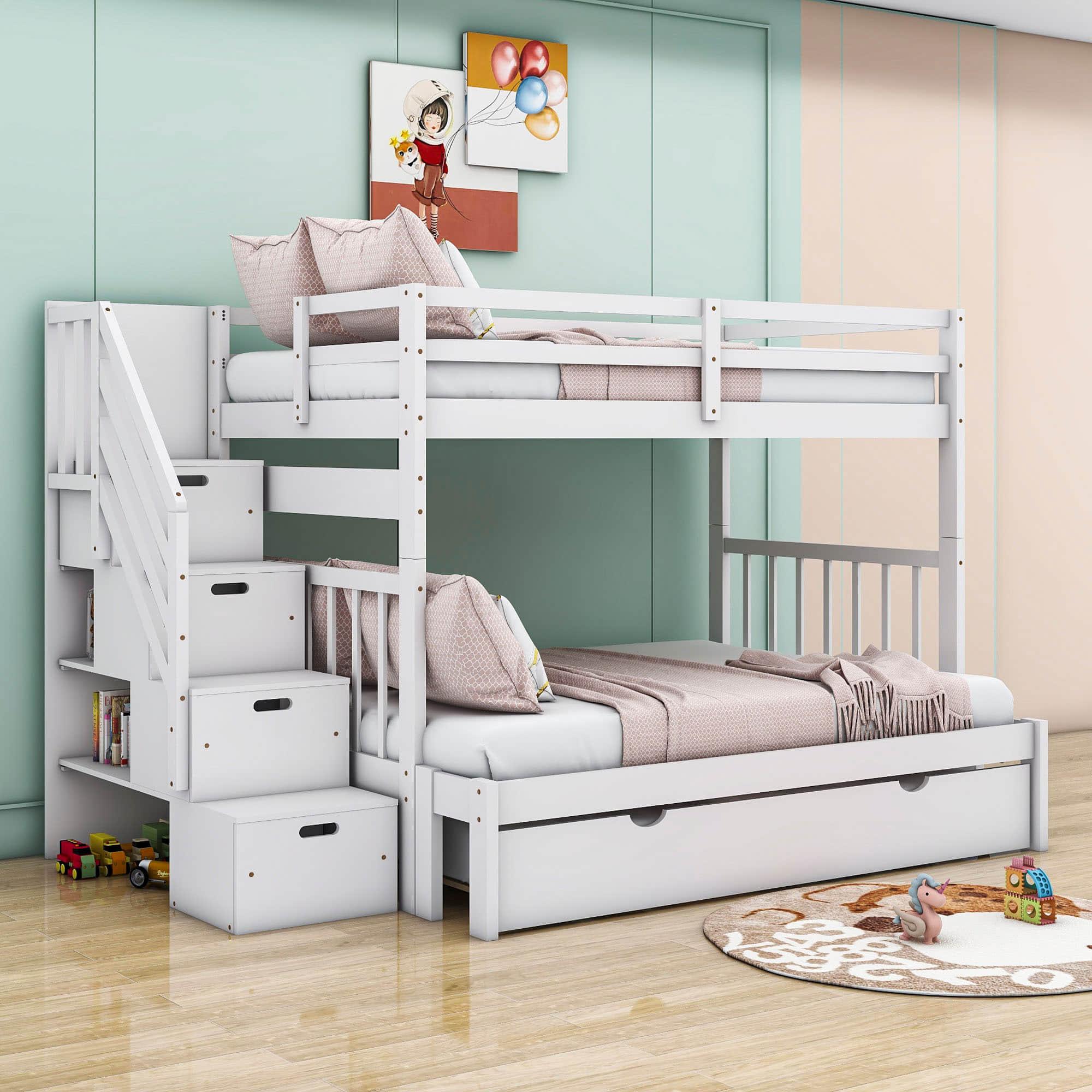 Wood Twin Over Twin / Full Bunk Bed with Trundle and Storage - [Shelves, Drawers, Stairs]