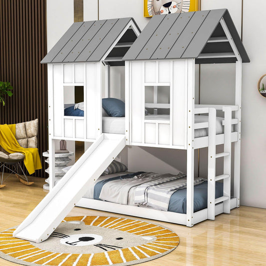 Wood Fun Twin Over Twin Low House Bunk Bed with Slide - [White, Windows, Roof, Ladder]