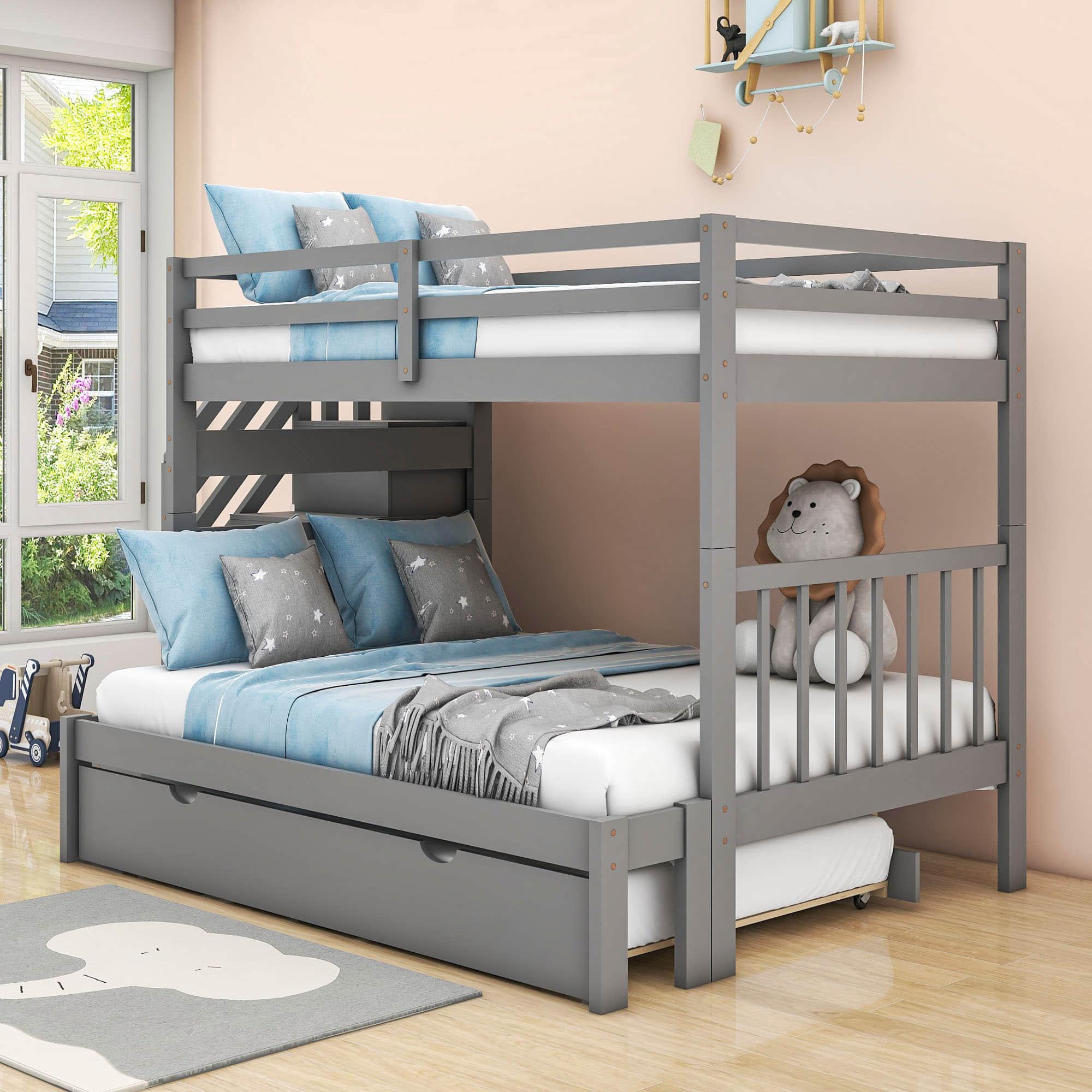 Wood Twin Over Twin / Full Bunk Bed with Trundle and Storage - [Shelves, Drawers, Stairs]