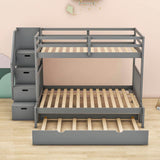 Wood Twin Over Twin / Full Bunk Bed with Trundle and Storage - [Shelves, Drawers, Stairs]