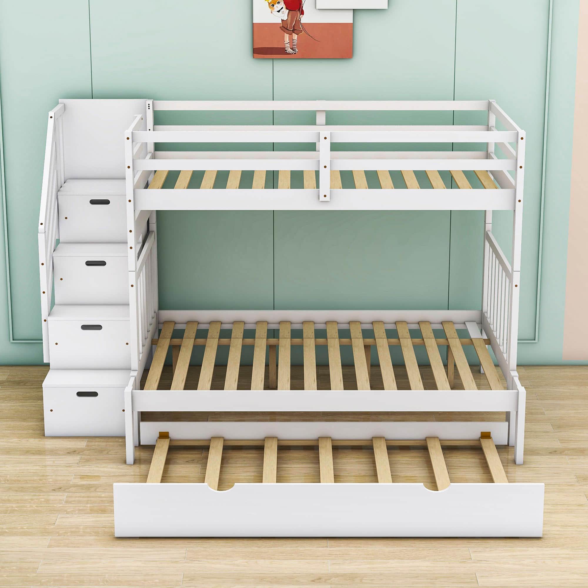 Wood Twin Over Twin / Full Bunk Bed with Trundle and Storage - [Shelves, Drawers, Stairs]