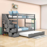 Wood Twin Over Twin / Full Bunk Bed with Trundle and Storage - [Shelves, Drawers, Stairs]