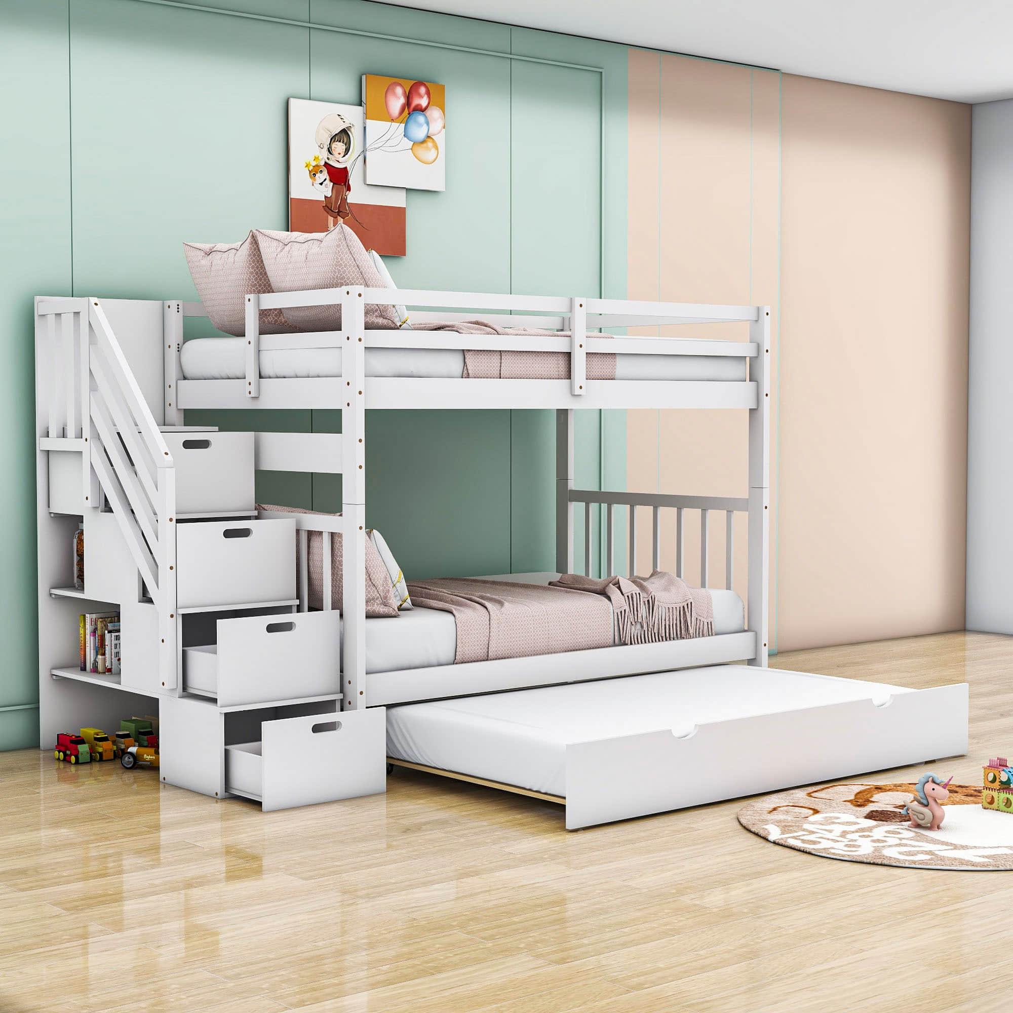 Wood Twin Over Twin / Full Bunk Bed with Trundle and Storage - [Shelves, Drawers, Stairs]