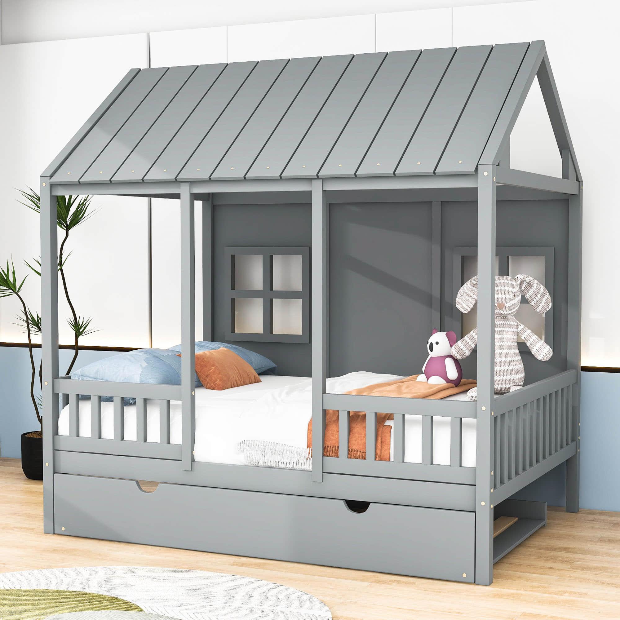 Wooden Full Size Kids House Bed with Twin Trundle Bed and Rails