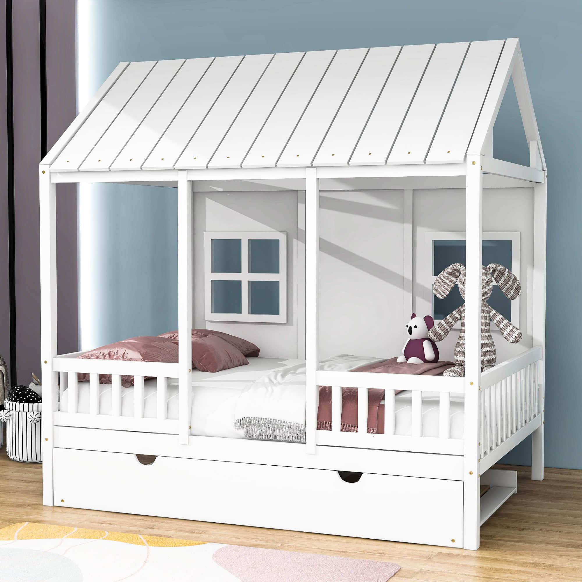 Wooden Full Size Kids House Bed with Twin Trundle Bed and Rails