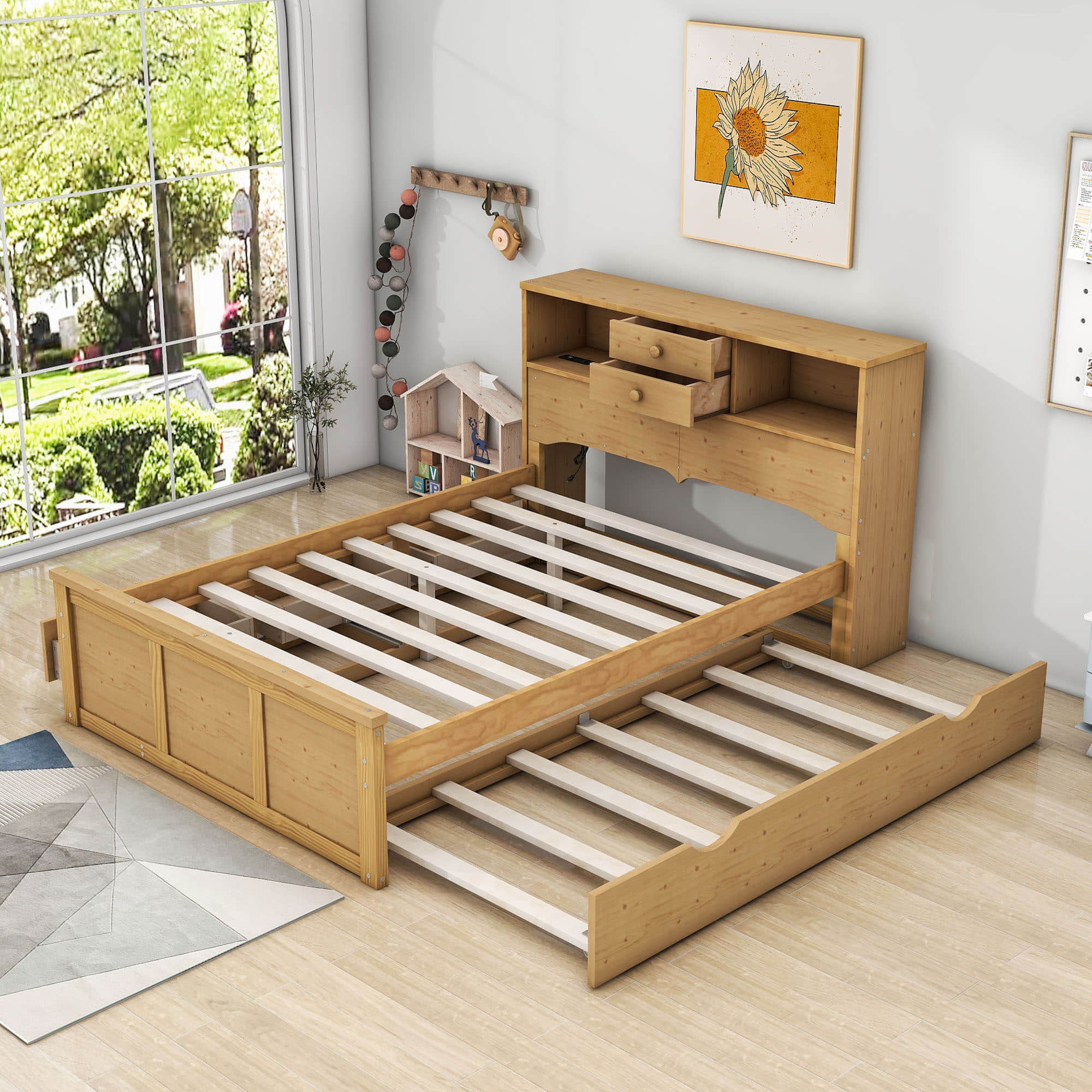 Wood Smart Full Platform Bed with Twin Trundle and Storage Headboard