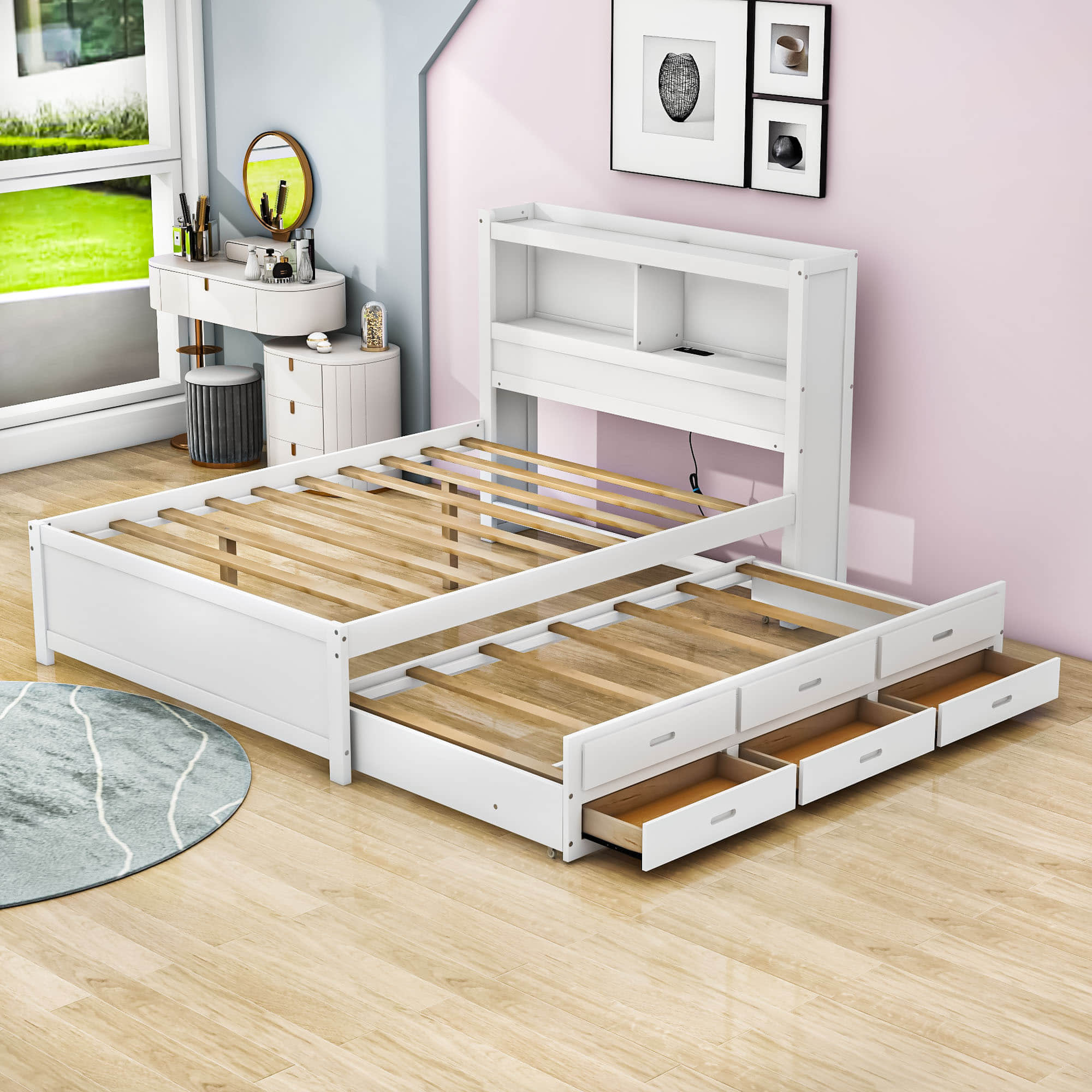 Full Platform Bed Frame with Twin Trundle and Storage Headboard, USB