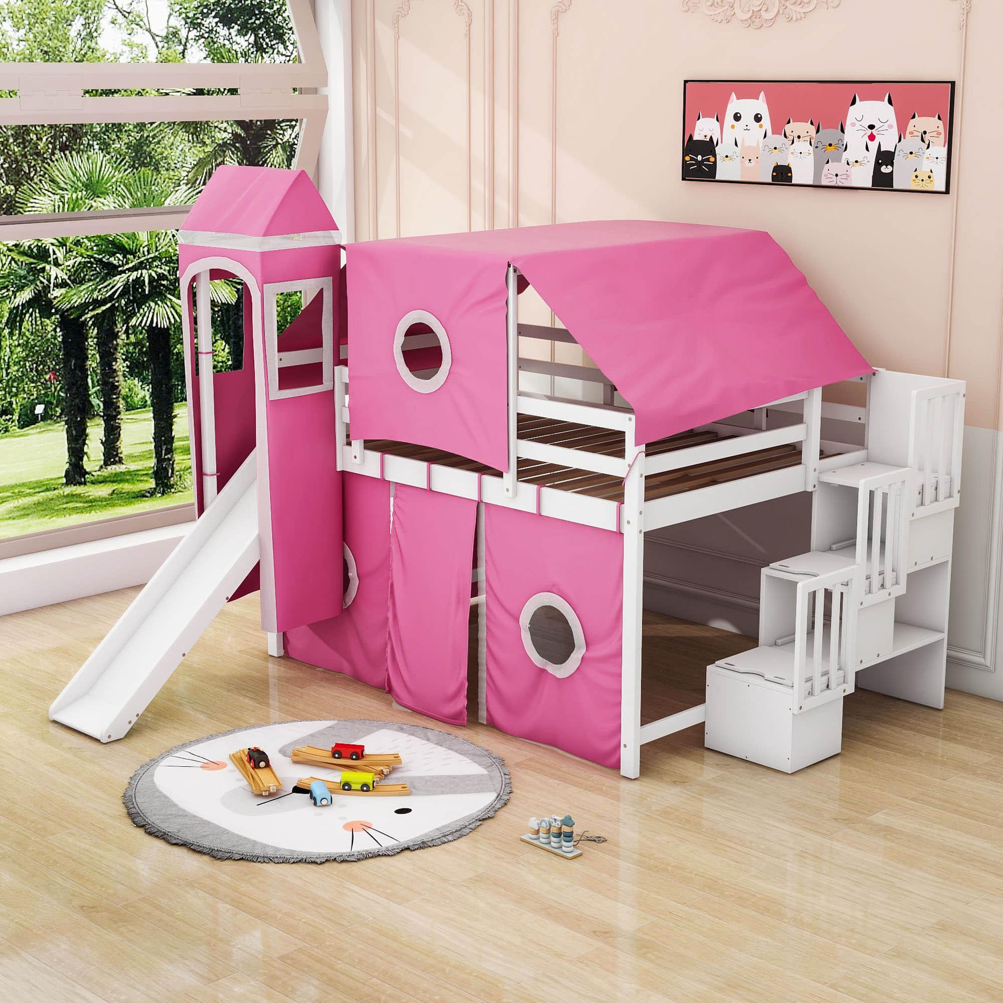 Wood Full Size Low Loft House Bed with Stairs and Slide for Kids