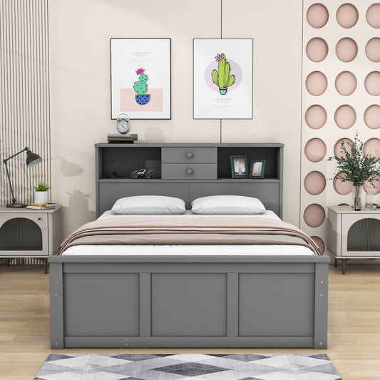 Wood Smart Full Platform Bed with Twin Trundle and Storage Headboard