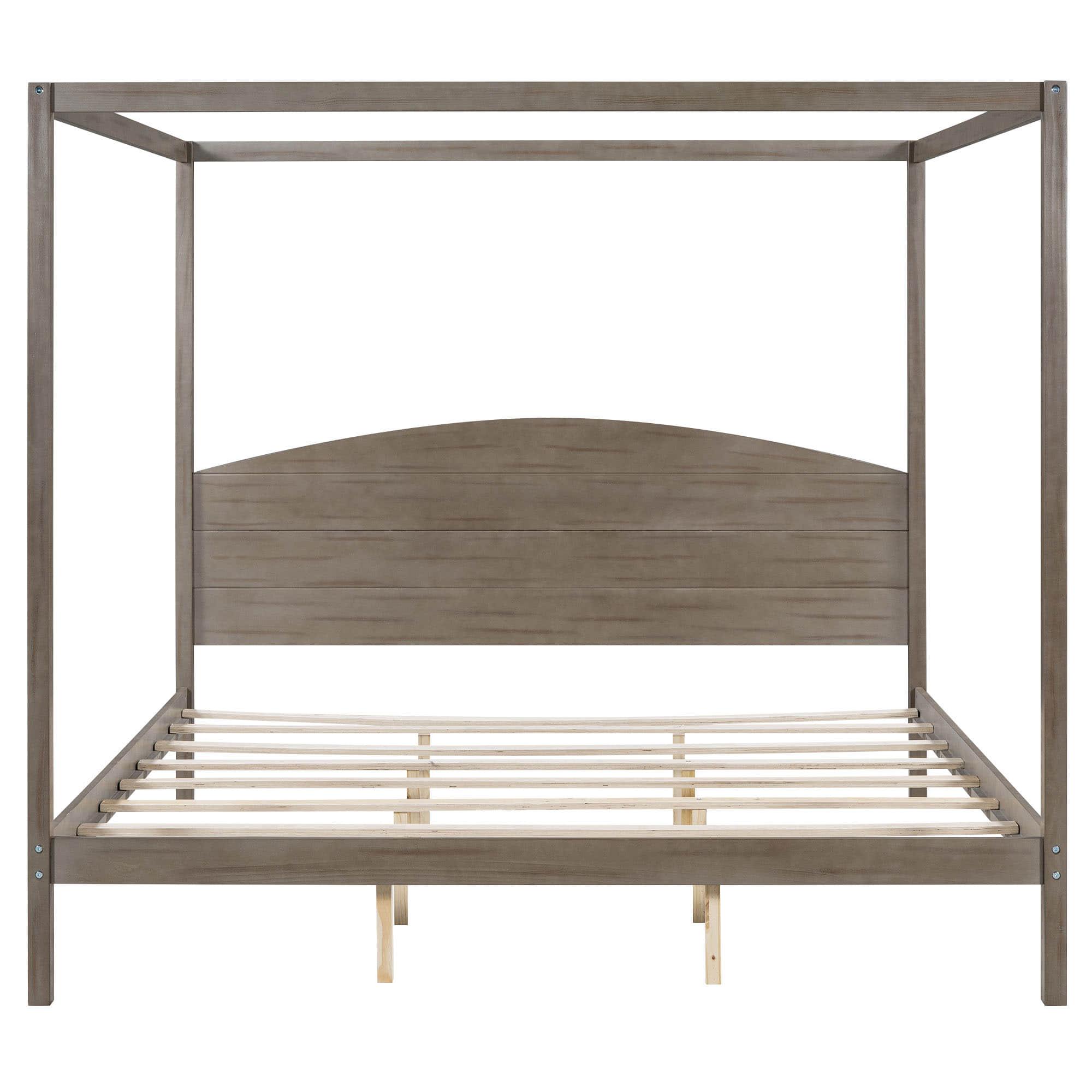 Rustic Wood King Size Canopy Bed Frame with Headboard for Adults