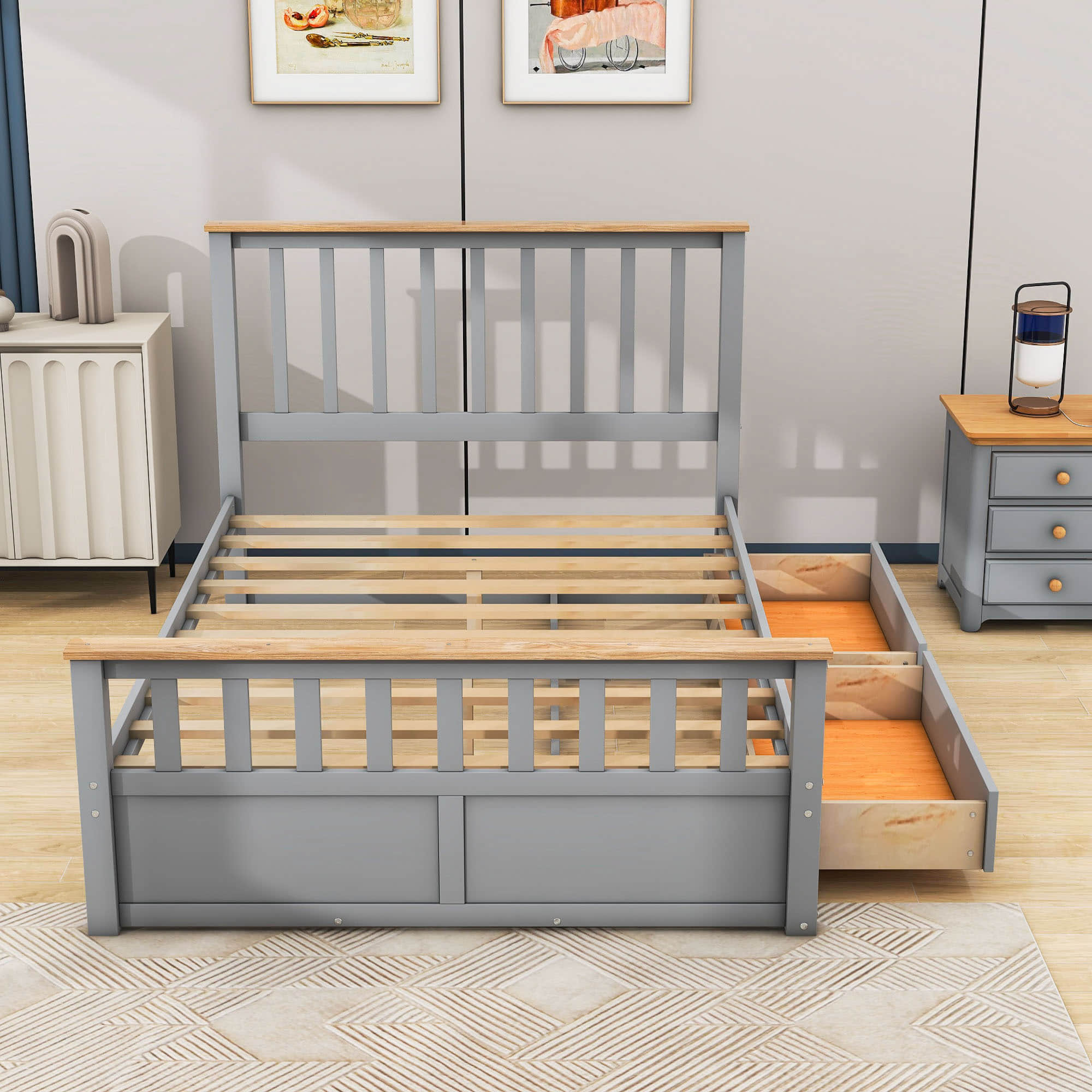 Wooden Full Size Platform Bed Frame with Storage and Slat Headboard