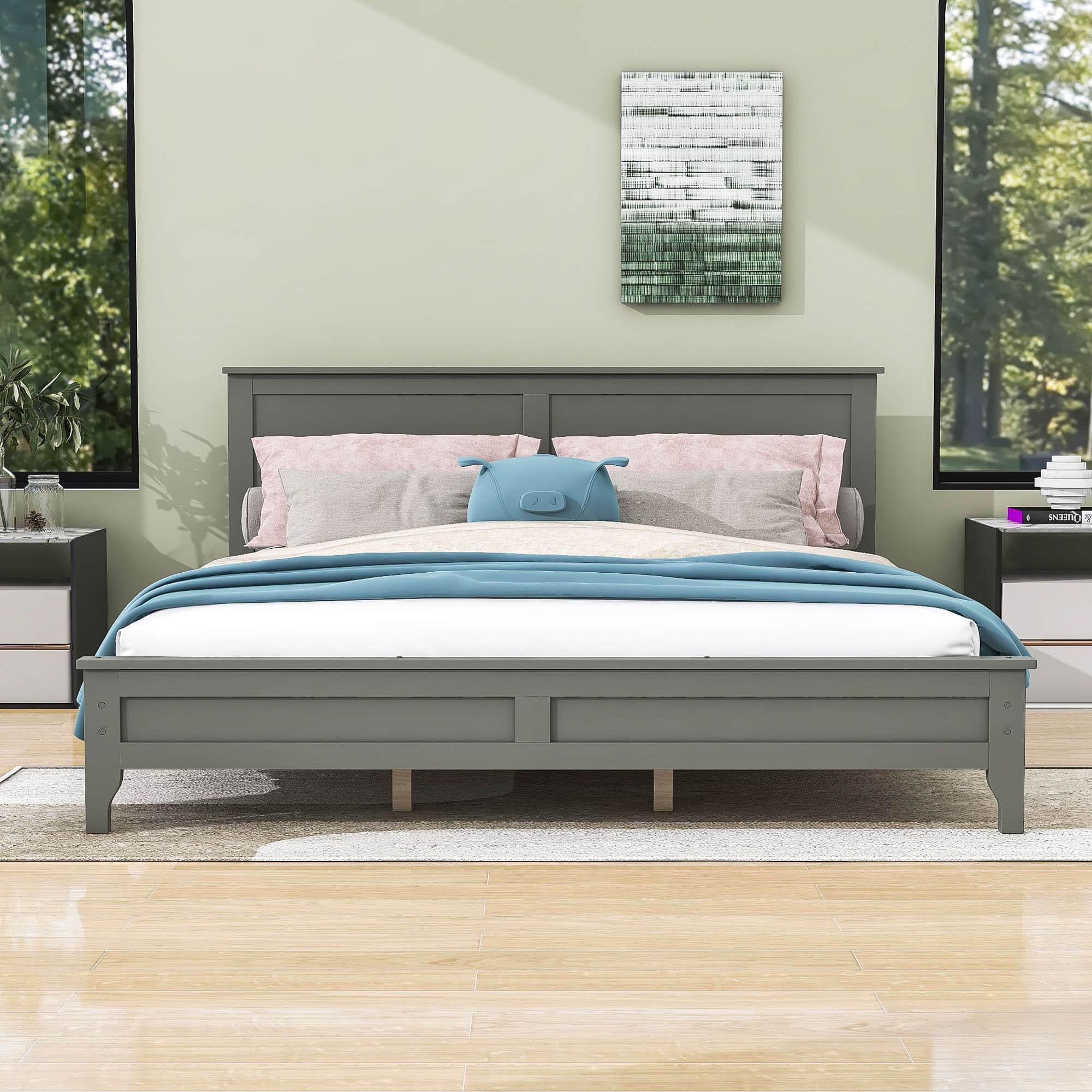 Mid-Century Modern Solid Wood King Size Platform Bed with Headboard