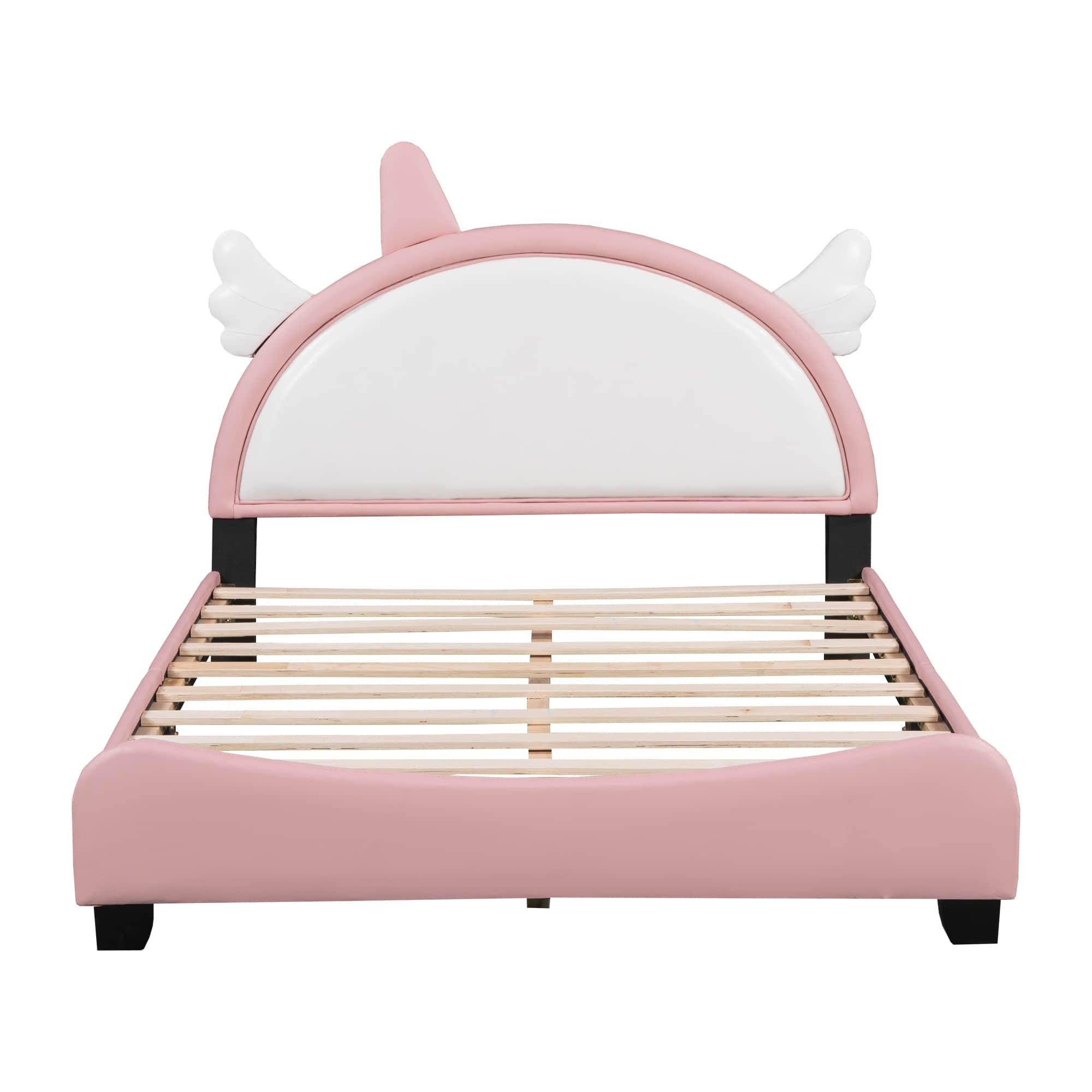 Full Size Pink Upholstered Bed Frame for Girls with Unicorn Headboard