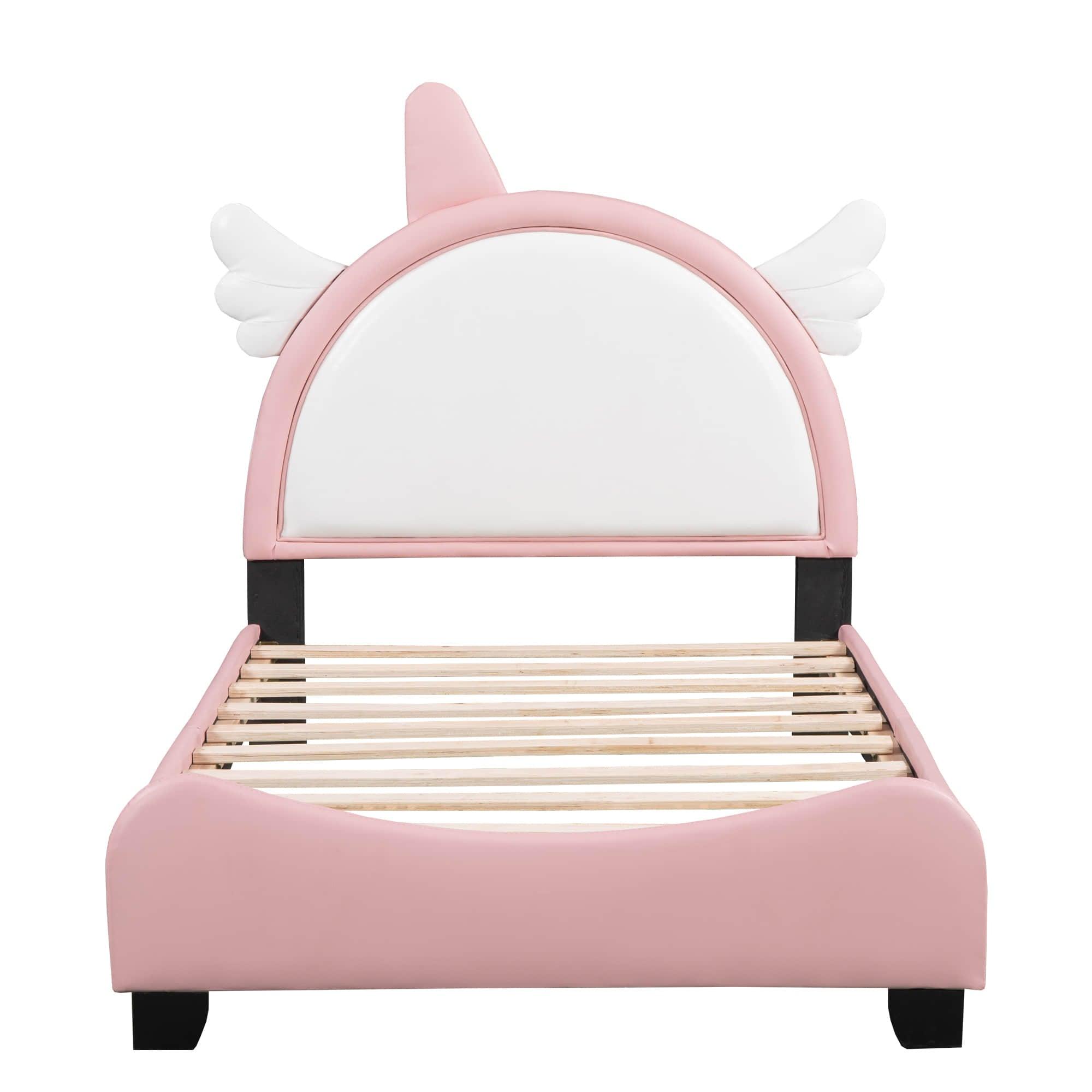 Cute Twin Pink Upholstered Bed Frame for Girls with Unicorn Headboard