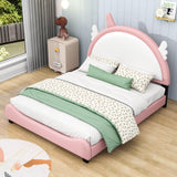 Full Size Pink Upholstered Bed Frame for Girls with Unicorn Headboard