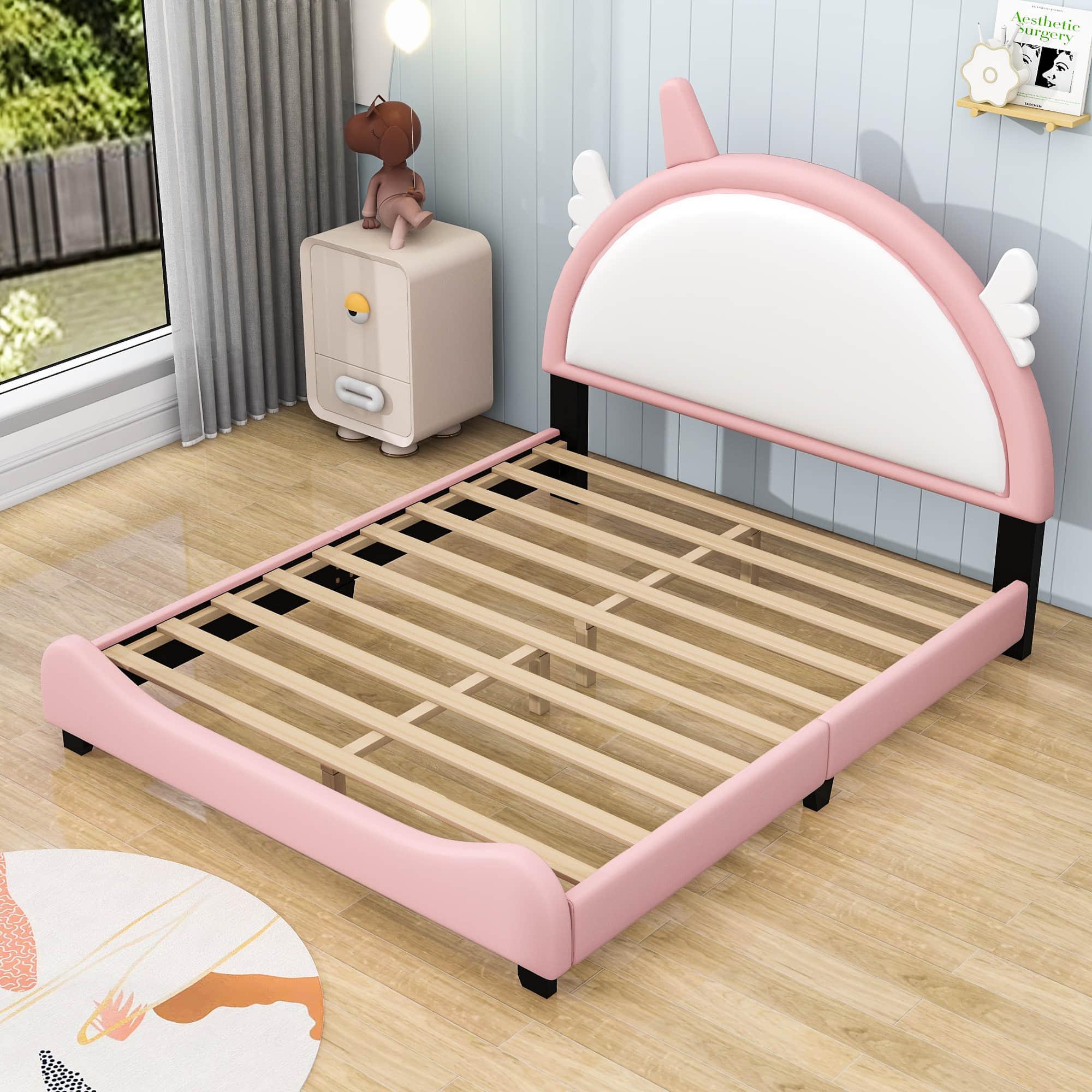 Full Size Pink Upholstered Bed Frame for Girls with Unicorn Headboard