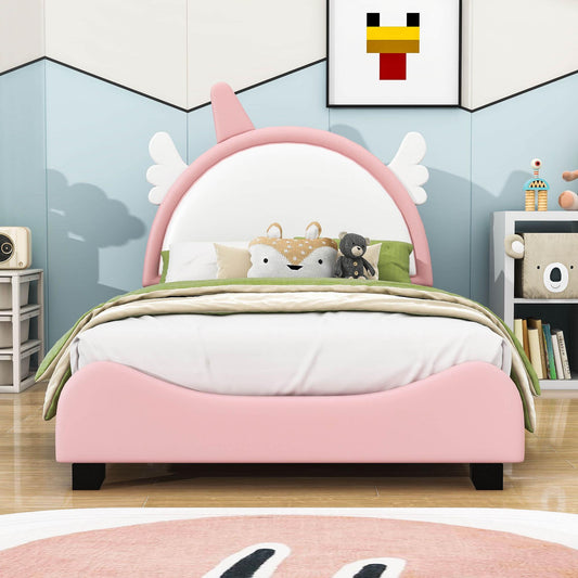 Cute Twin Pink Upholstered Bed Frame for Girls with Unicorn Headboard