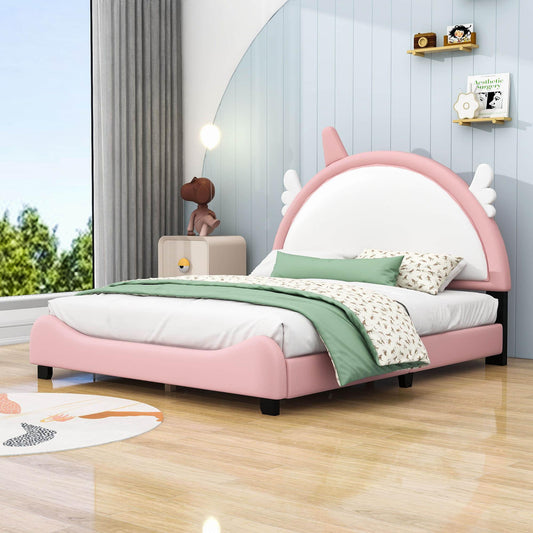 Full Size Pink Upholstered Bed Frame for Girls with Unicorn Headboard