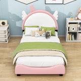 Cute Twin Pink Upholstered Bed Frame for Girls with Unicorn Headboard