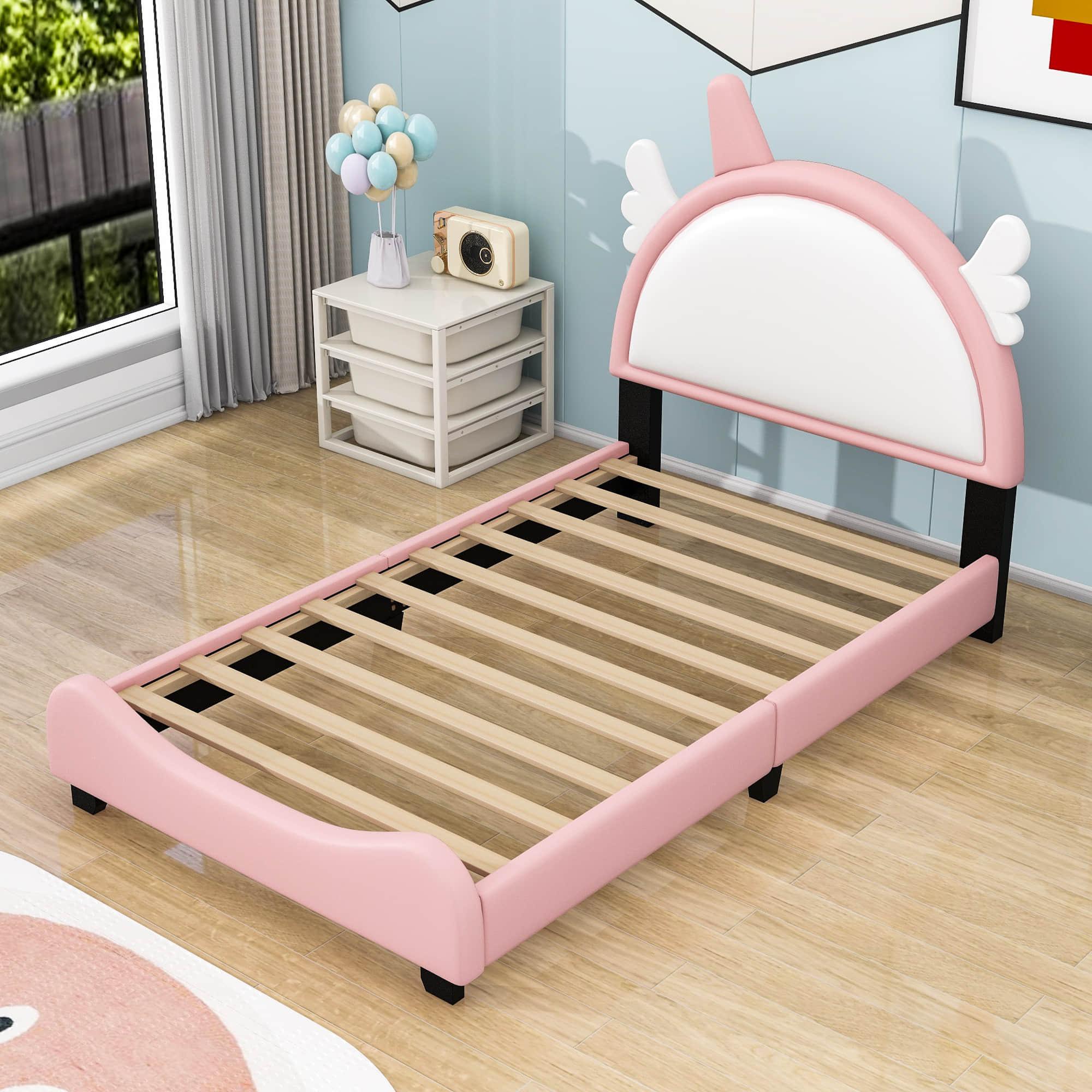 Cute Twin Pink Upholstered Bed Frame for Girls with Unicorn Headboard