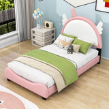 Cute Twin Pink Upholstered Bed Frame for Girls with Unicorn Headboard