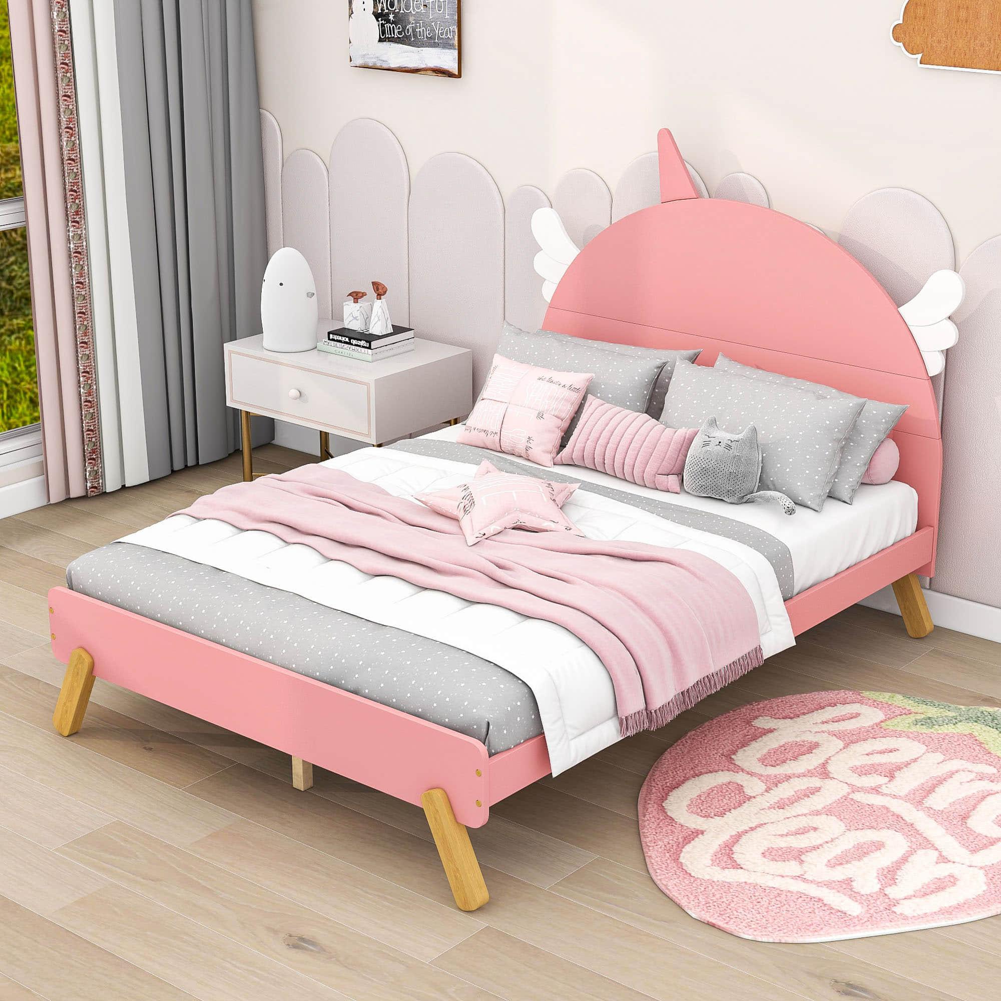 Wooden Cool Full Size Platform Bed with Unicorn Headboard for Girls, Kids