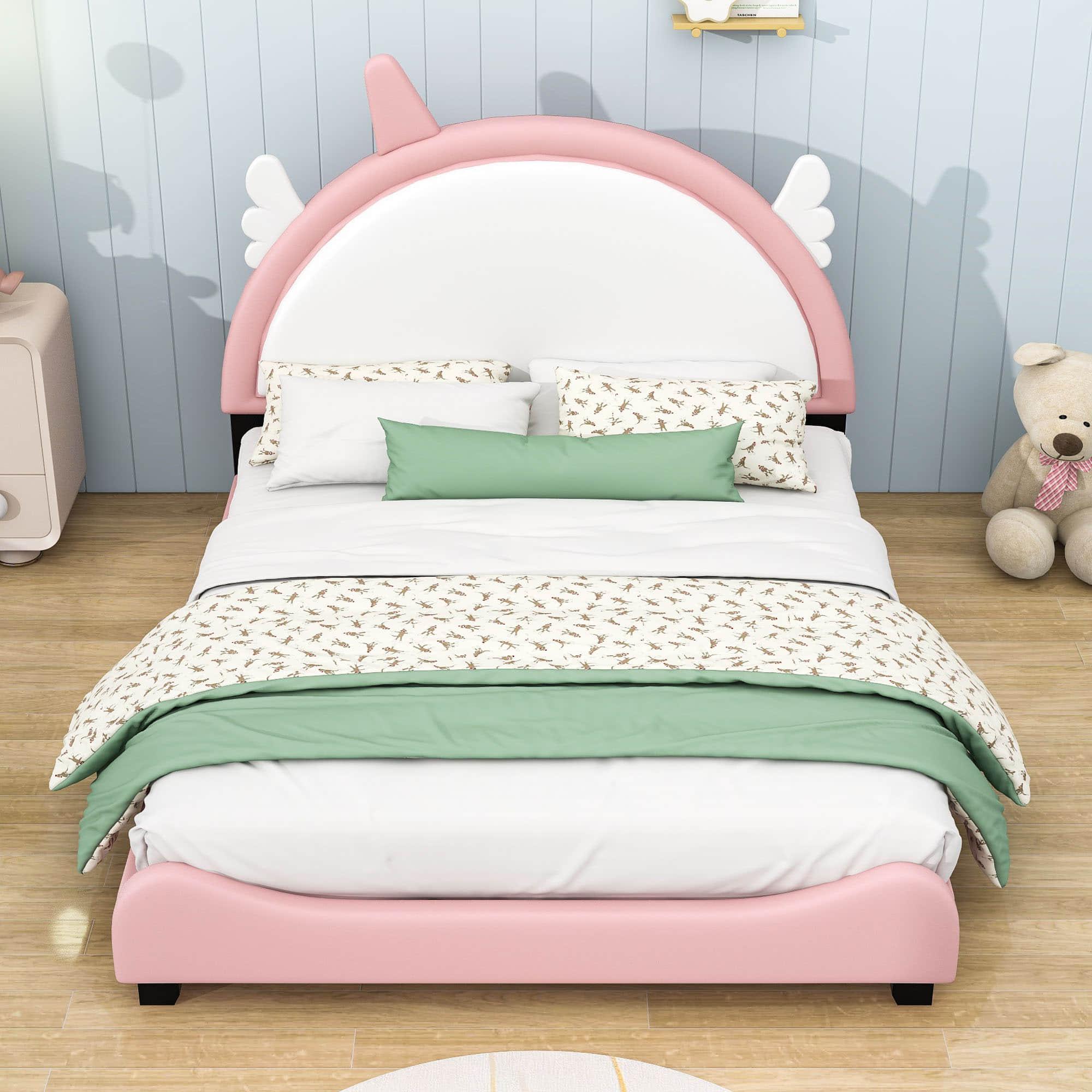 Full Size Pink Upholstered Bed Frame for Girls with Unicorn Headboard