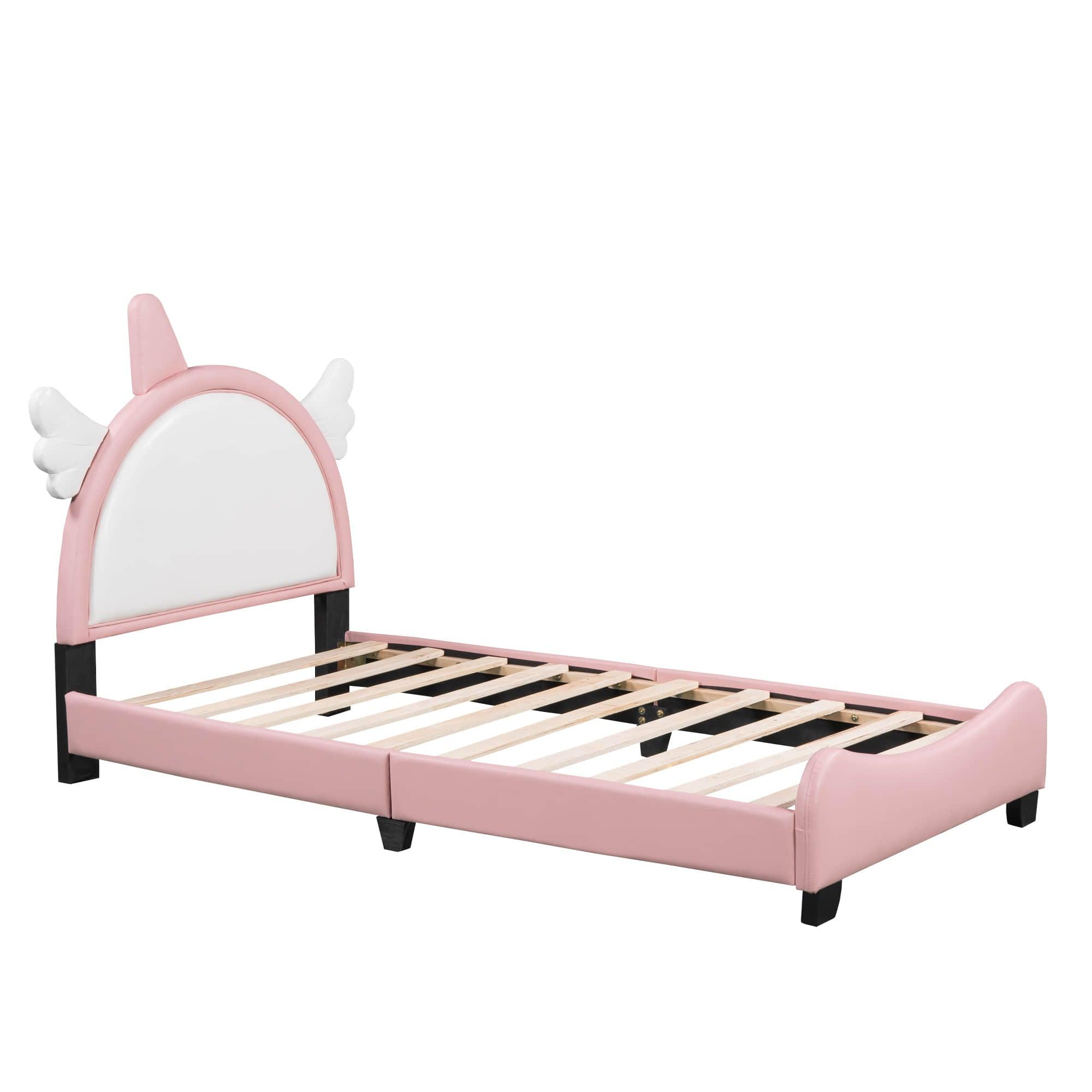 Cute Twin Pink Upholstered Bed Frame for Girls with Unicorn Headboard