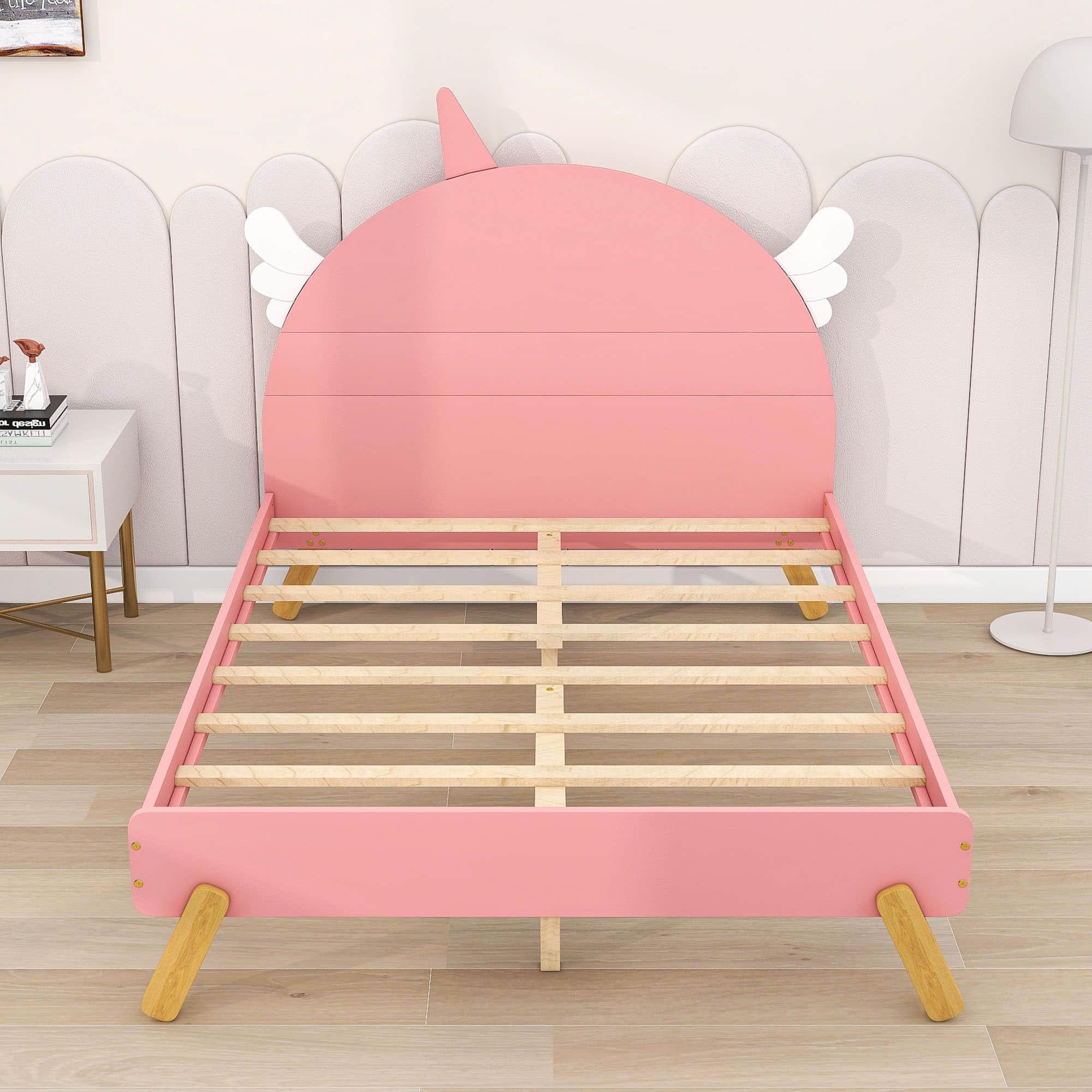 Wooden Cool Full Size Platform Bed with Unicorn Headboard for Girls, Kids