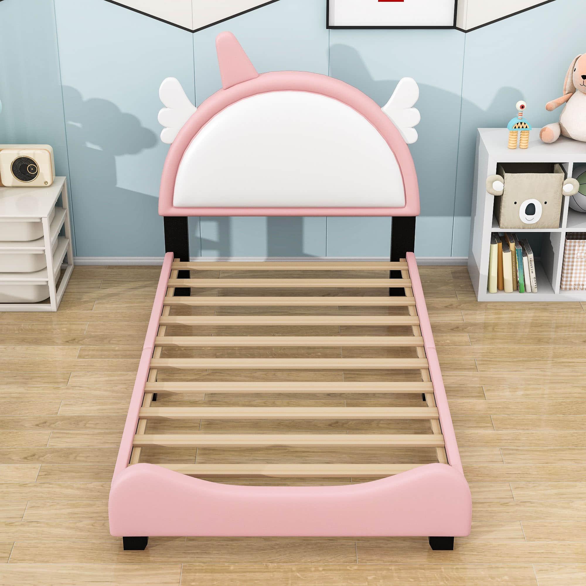 Cute Twin Pink Upholstered Bed Frame for Girls with Unicorn Headboard