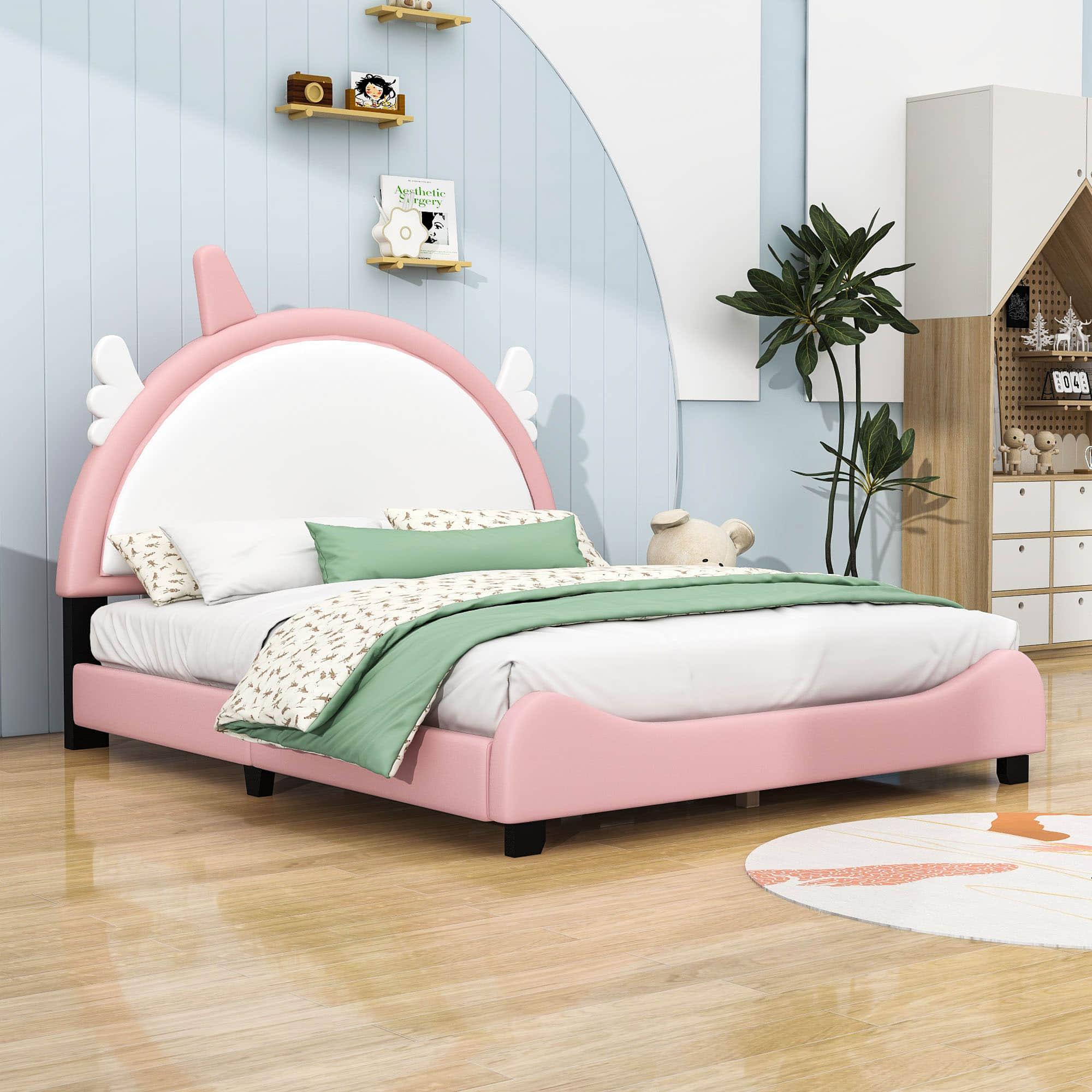 Full Size Pink Upholstered Bed Frame for Girls with Unicorn Headboard