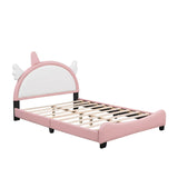 Full Size Pink Upholstered Bed Frame for Girls with Unicorn Headboard