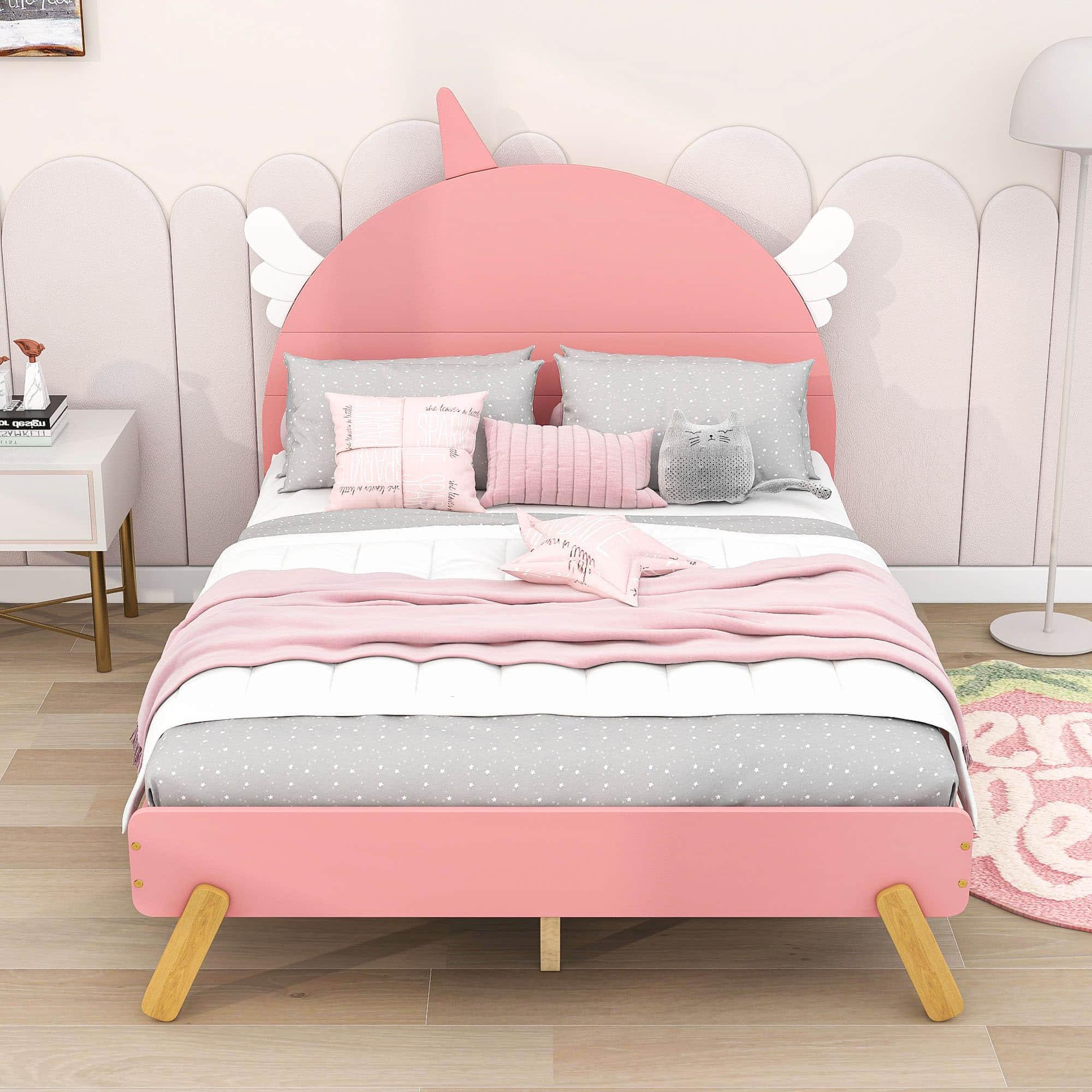 Wooden Cool Full Size Platform Bed with Unicorn Headboard for Girls, Kids