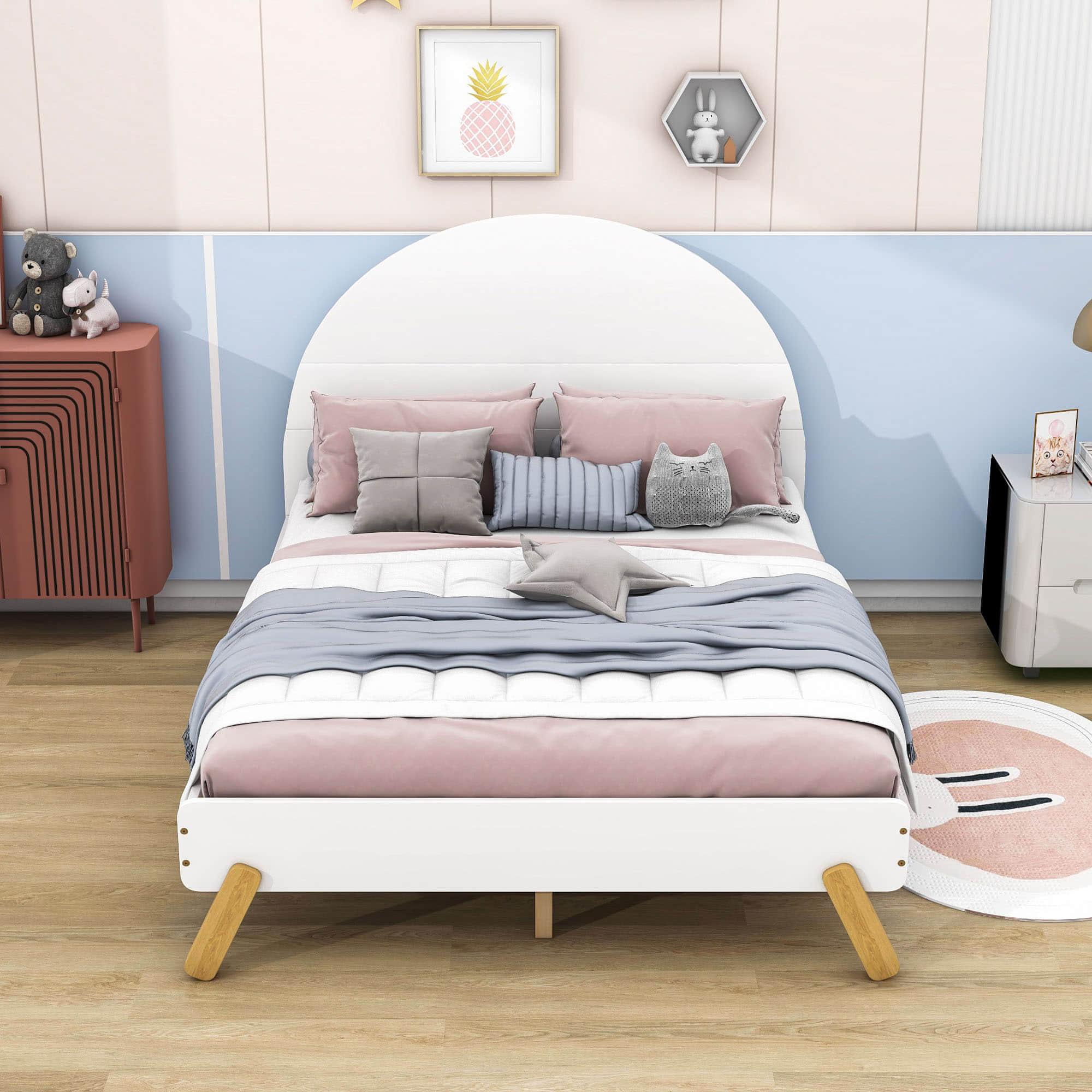 Wooden Cool Full Size Platform Bed with Unicorn Headboard for Girls, Kids