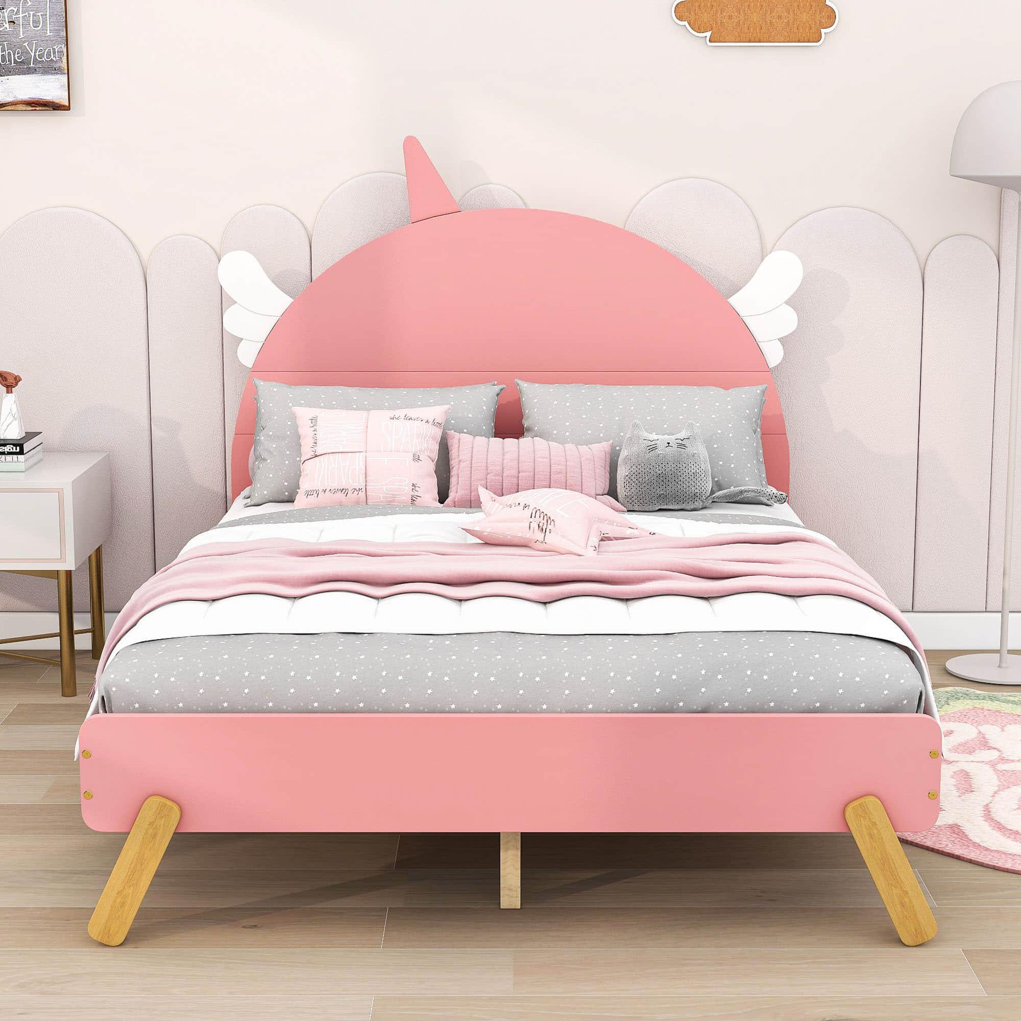 Wooden Cool Full Size Platform Bed with Unicorn Headboard for Girls, Kids