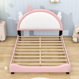 Full Size Pink Upholstered Bed Frame for Girls with Unicorn Headboard