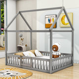 Full Size Wood House Toddler Floor Bed with Rails and Door