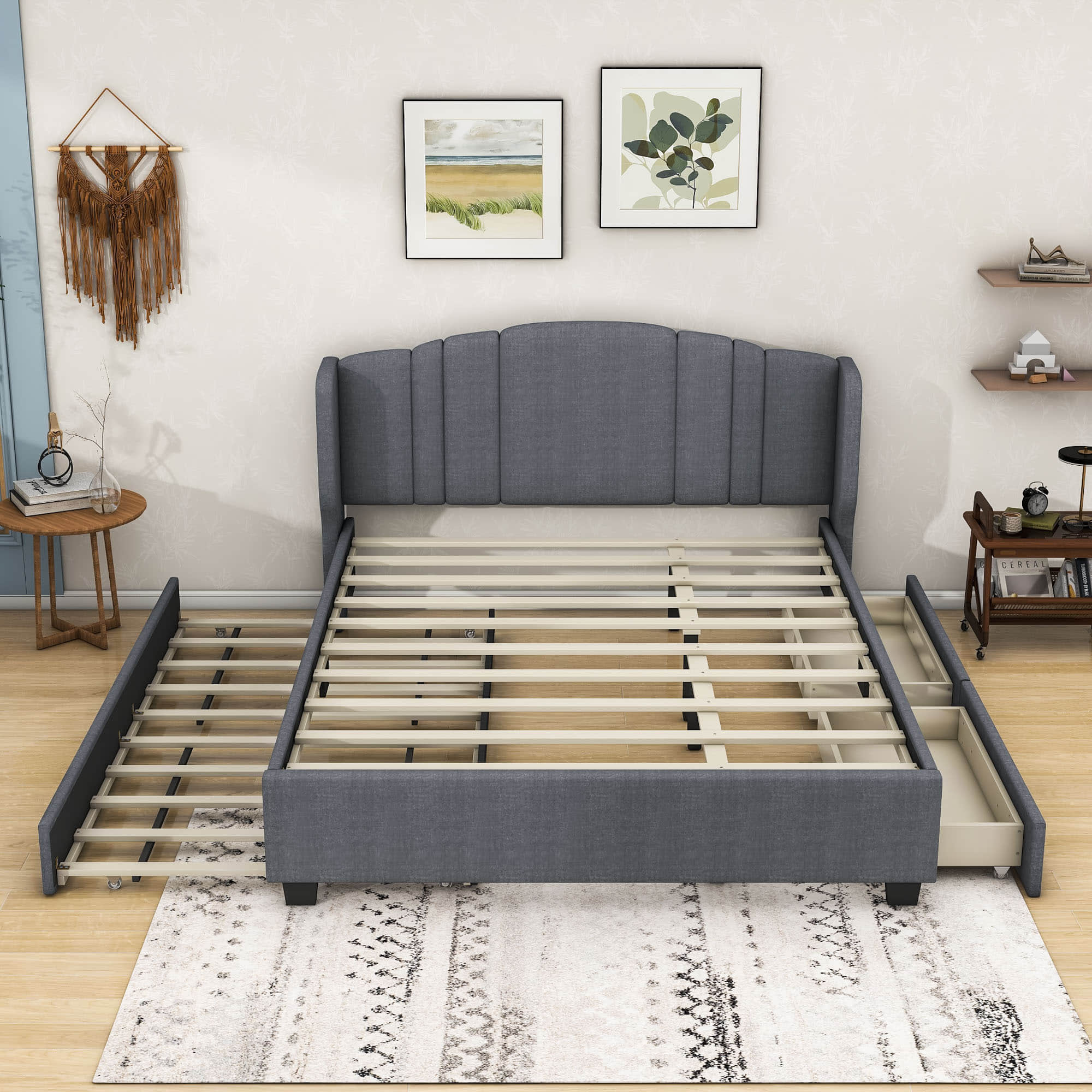 Modern Upholstered Queen Platform Bed Frame with Headboard and Storage