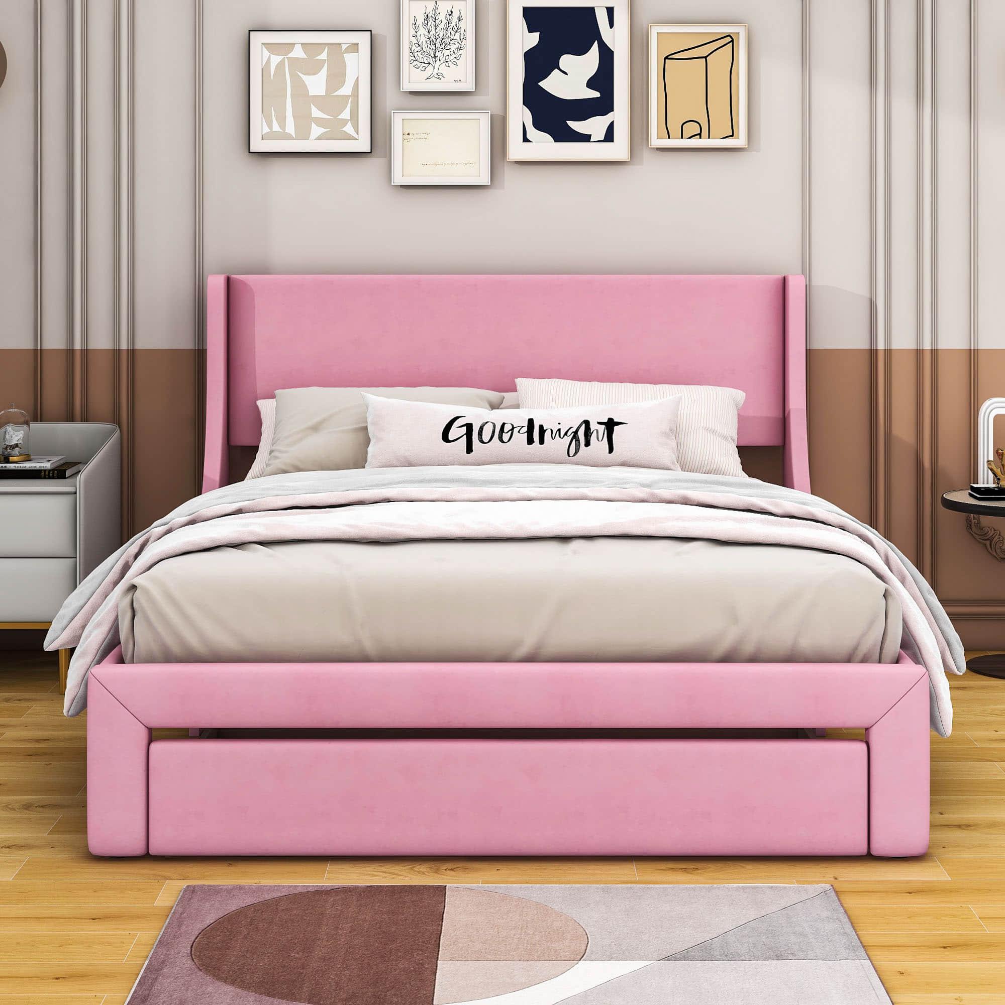 Velvet Upholstered Queen Size Platform Storage Bed with Headboard - [Drawer]