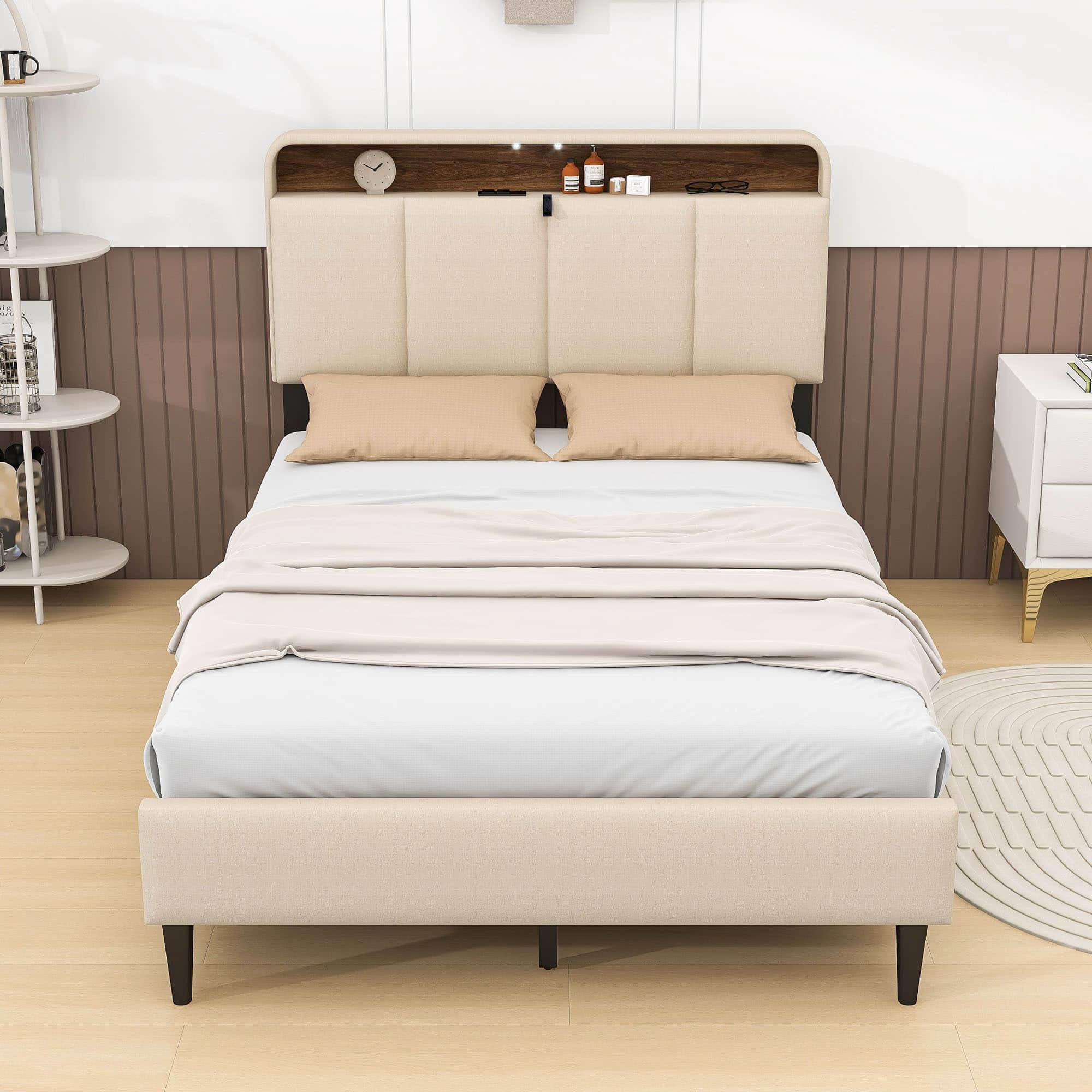 Smart Full Size Platform Upholstered Bed Frame with Storage Headboard