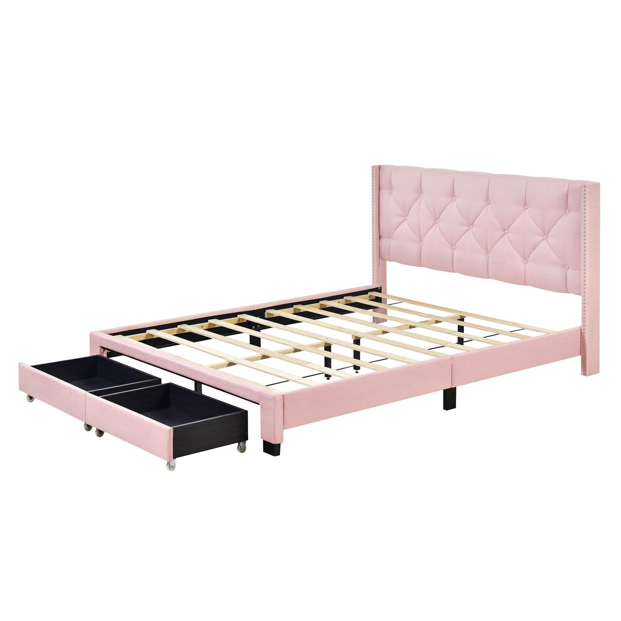 Queen Pink Upholstered Storage Bed Frame with Headboard, Drawers