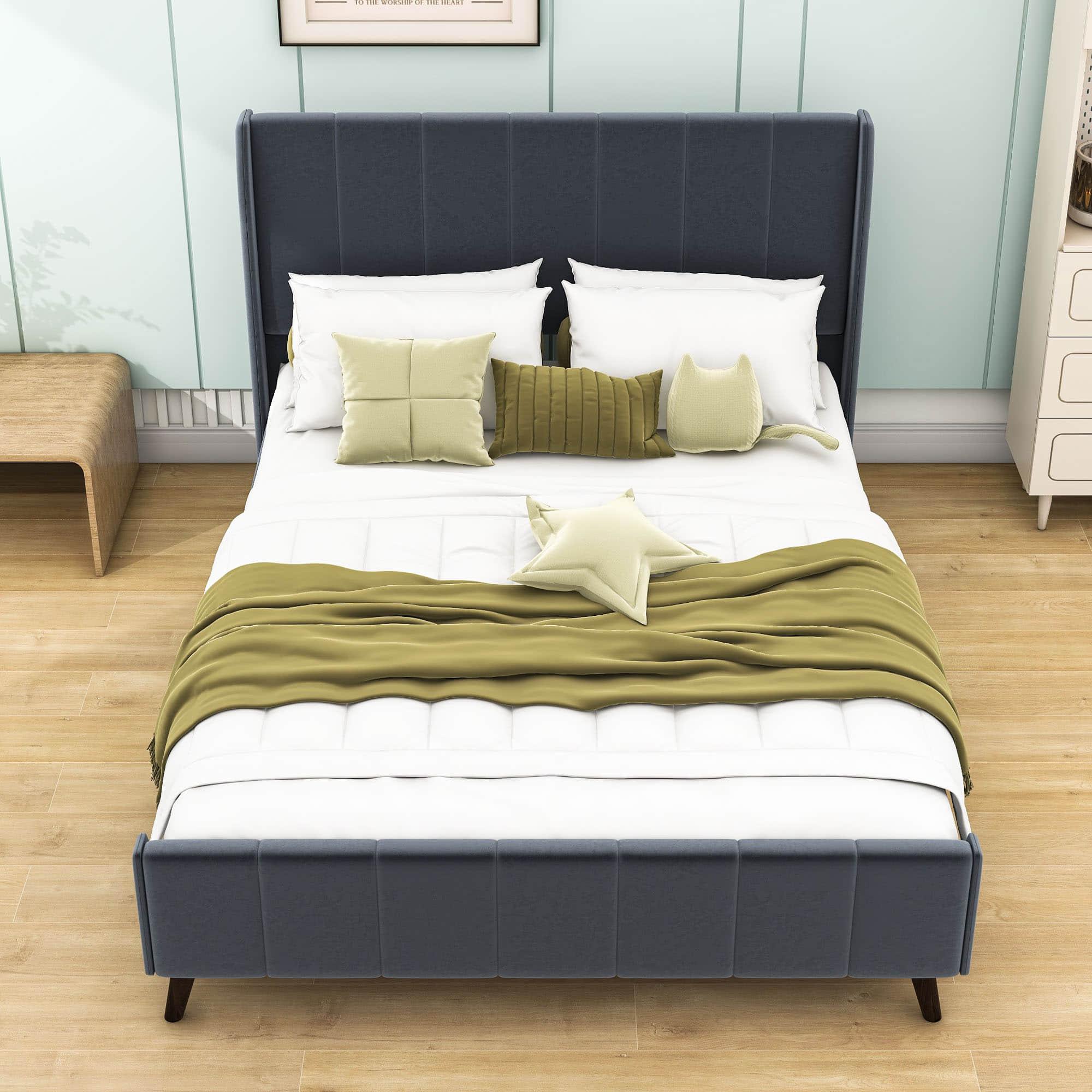 Modern Velvet Upholstered Queen Bed Frame with Wingback Headboard