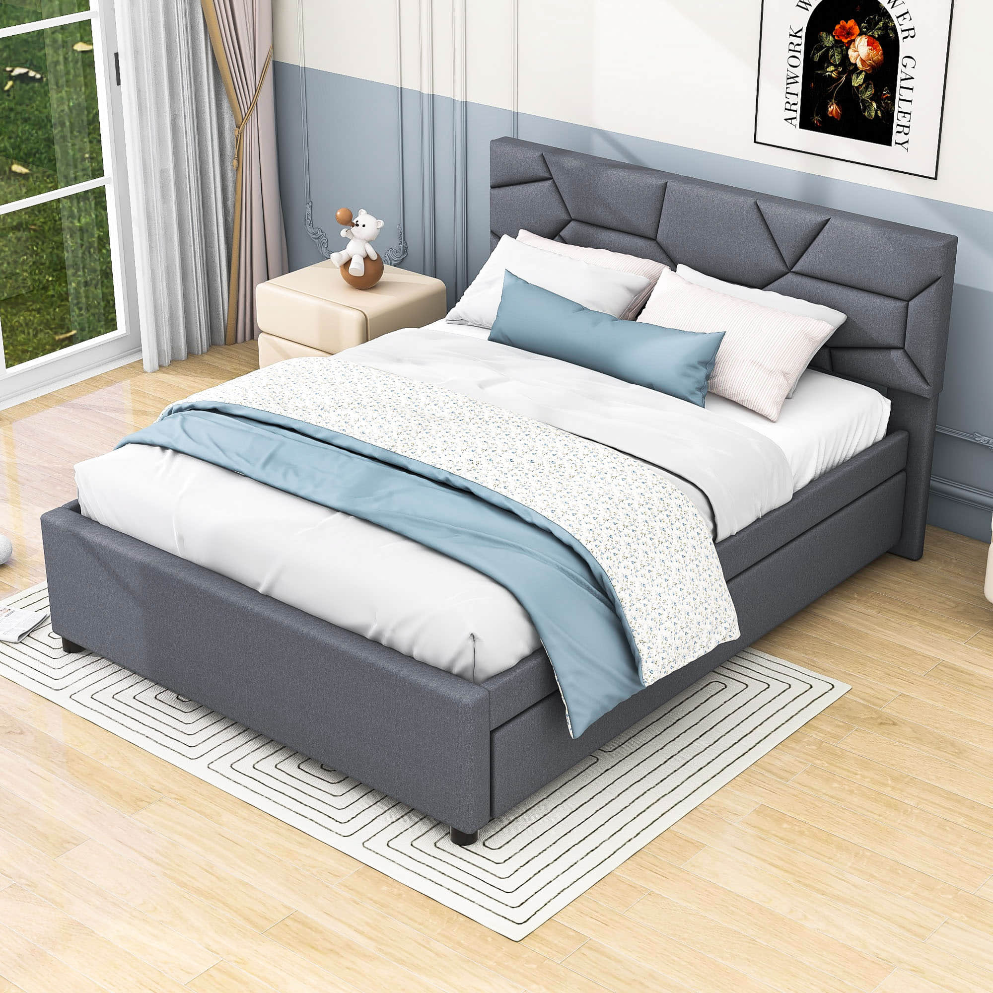 Queen Upholstered Platform Bed Frame with Headboard, Twin XL Trundle Bed