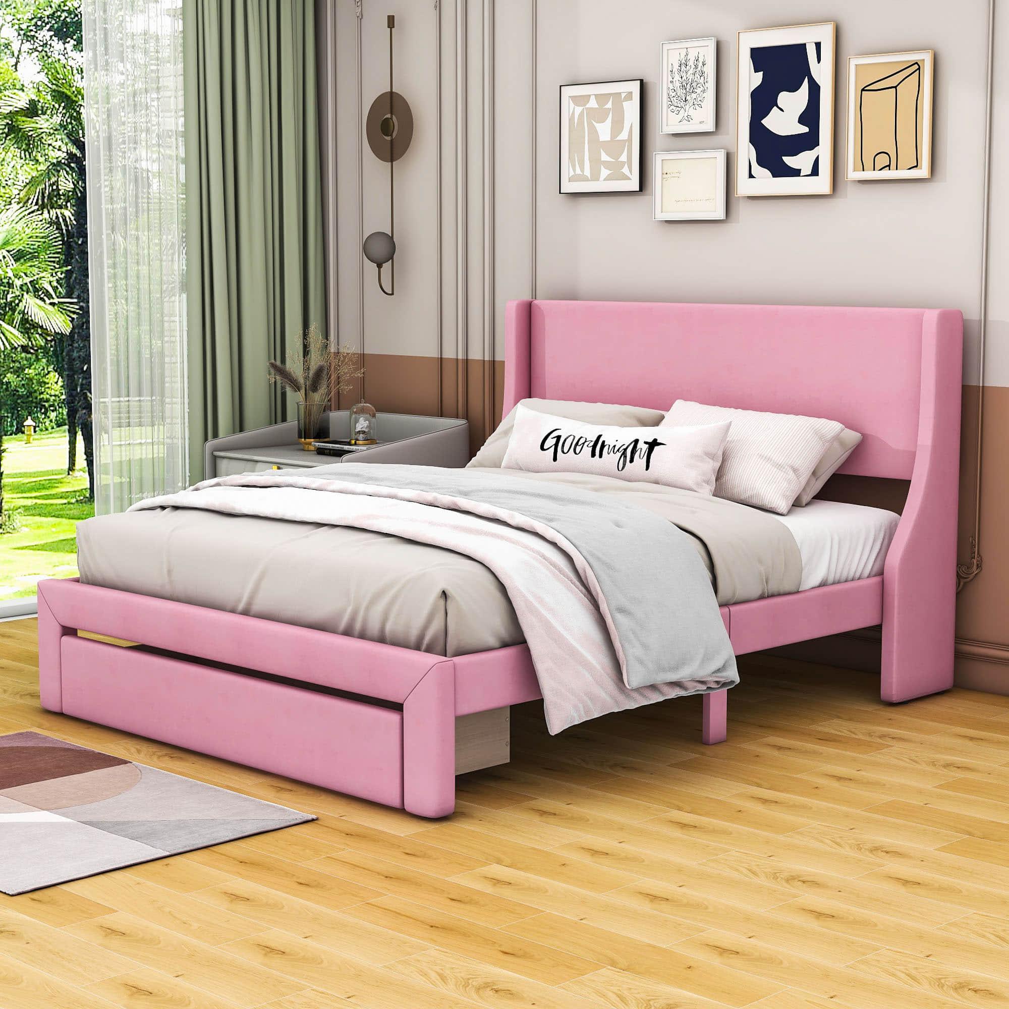 Velvet Upholstered Queen Size Platform Storage Bed with Headboard - [Drawer]