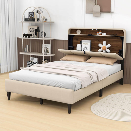 Smart Full Size Platform Upholstered Bed Frame with Storage Headboard