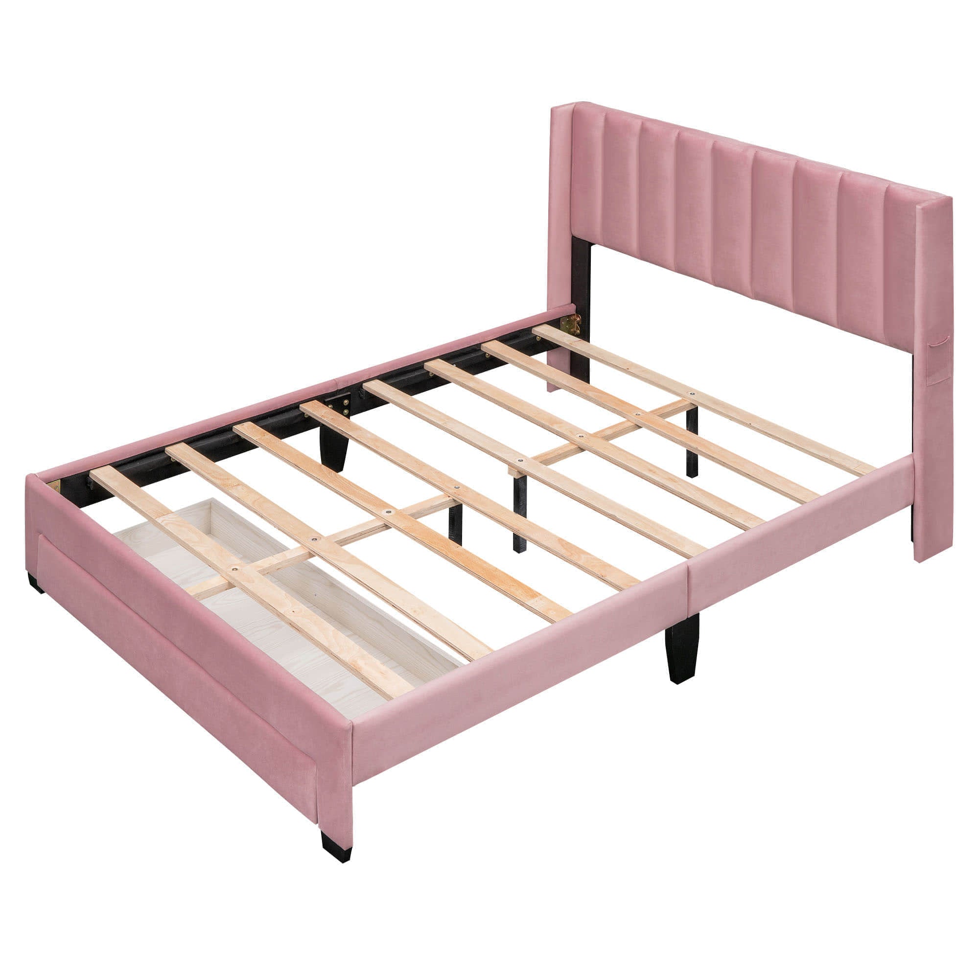 Velvet Queen Size Upholstered Platform Bed Frame with Headboard and Storage